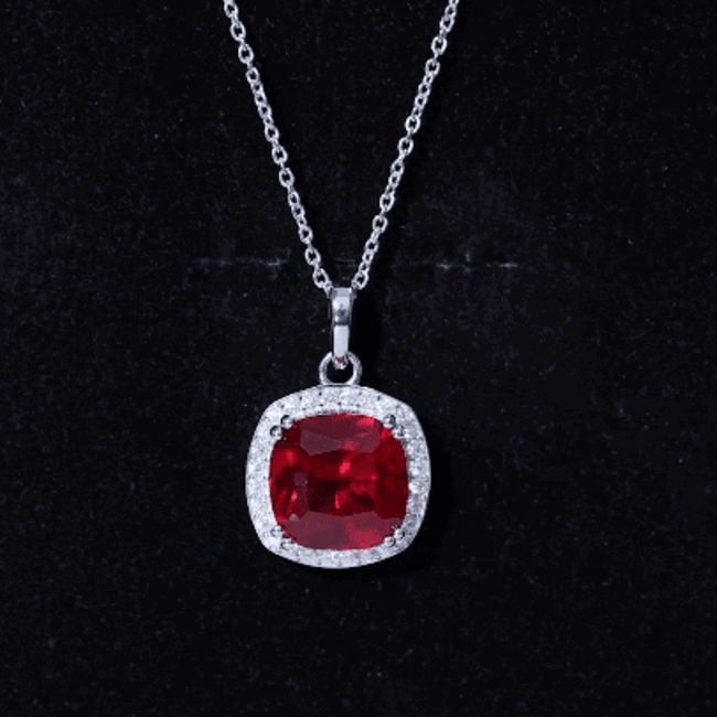 4 Carat Cushion Cut Lab Grown Ruby and Moissanite Halo Pendant Necklace