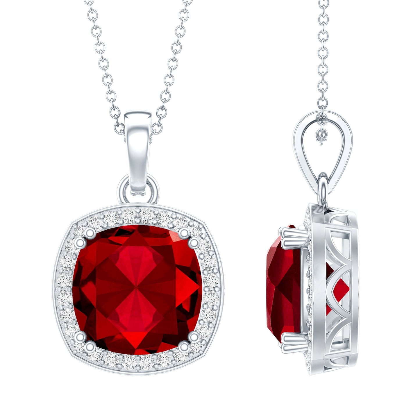 4 Carat Cushion Cut Lab Grown Ruby and Moissanite Halo Pendant Necklace