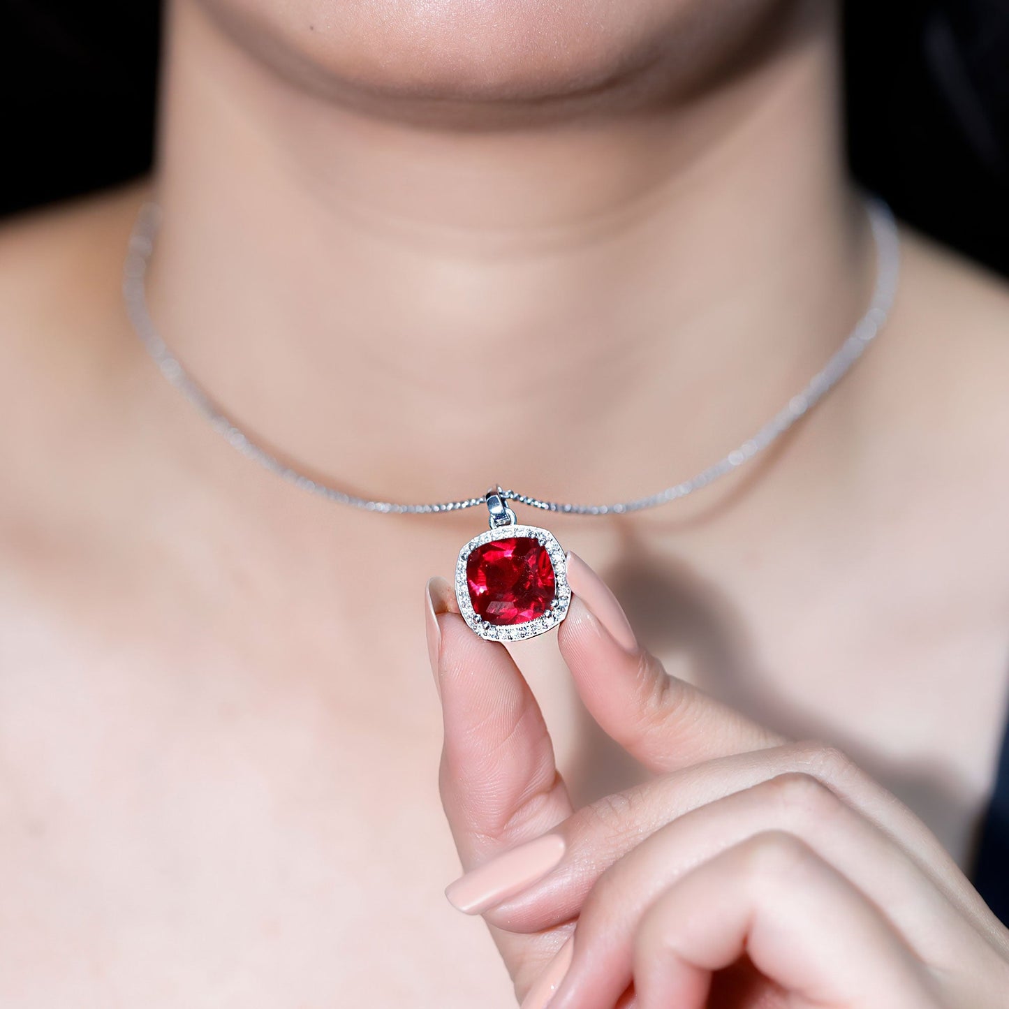 4 Carat Cushion Cut Lab Grown Ruby and Moissanite Halo Pendant Necklace