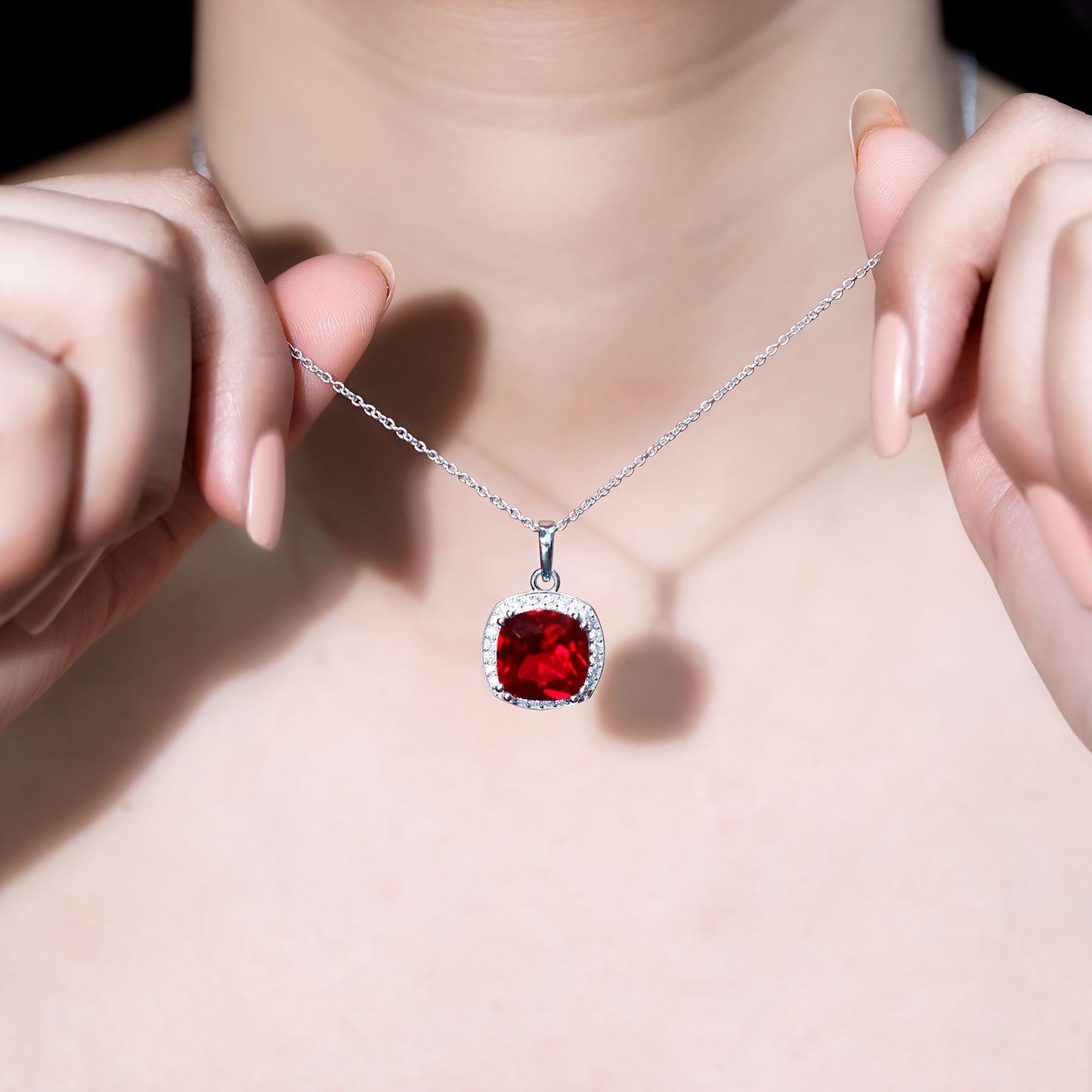 4 Carat Cushion Cut Lab Grown Ruby and Moissanite Halo Pendant Necklace