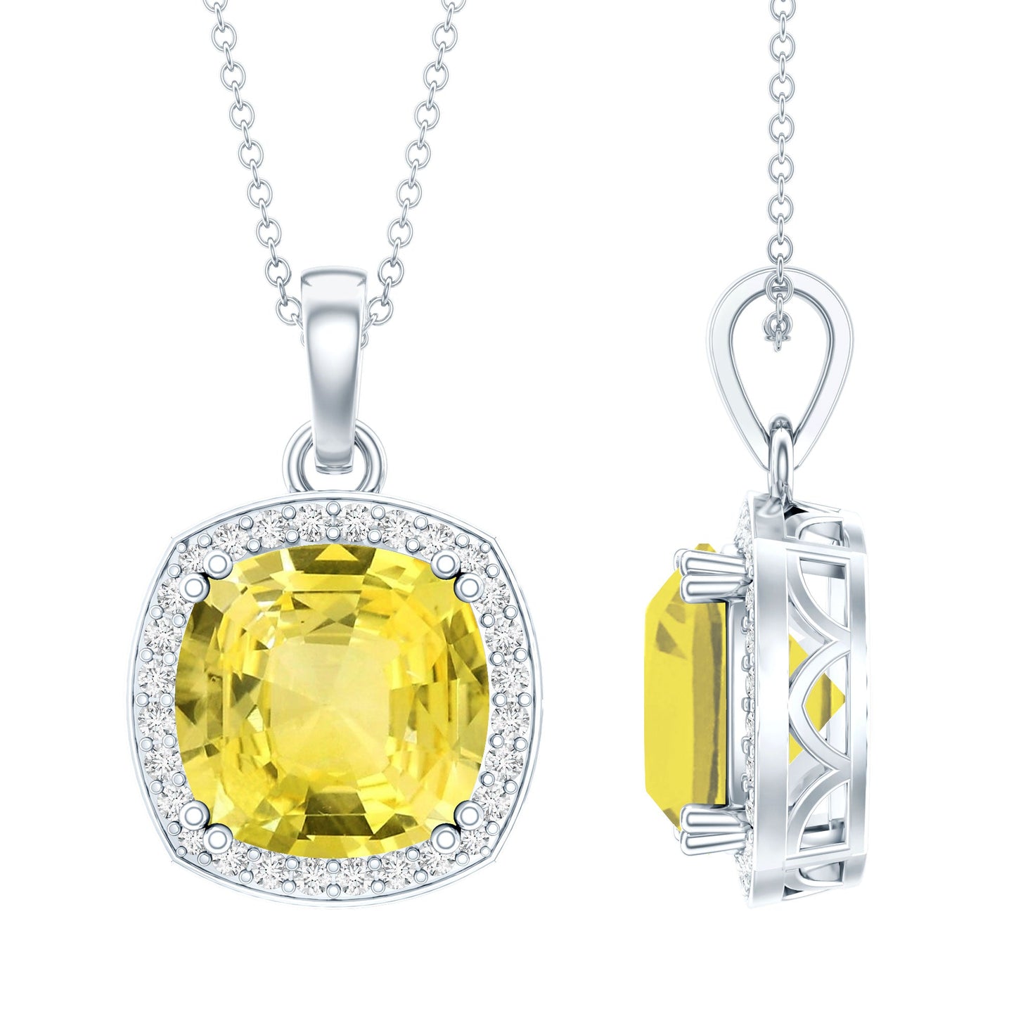 9 Carat Cushion Cut Lab Yellow Sapphire Statement Necklace with Silver Chain