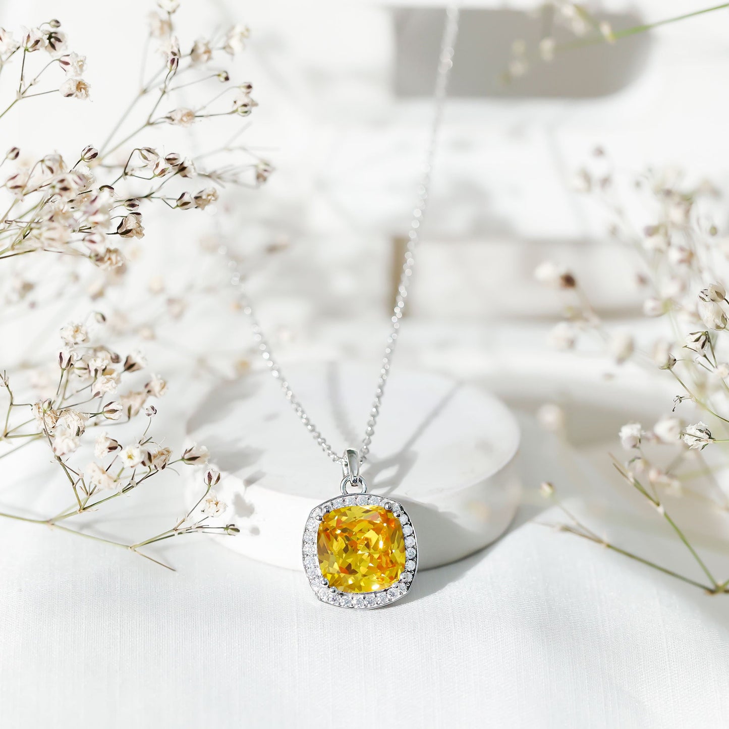 9 Carat Cushion Cut Lab Yellow Sapphire Statement Necklace with Silver Chain