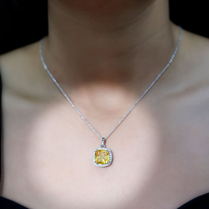 9 Carat Cushion Cut Lab Yellow Sapphire Statement Necklace with Silver Chain