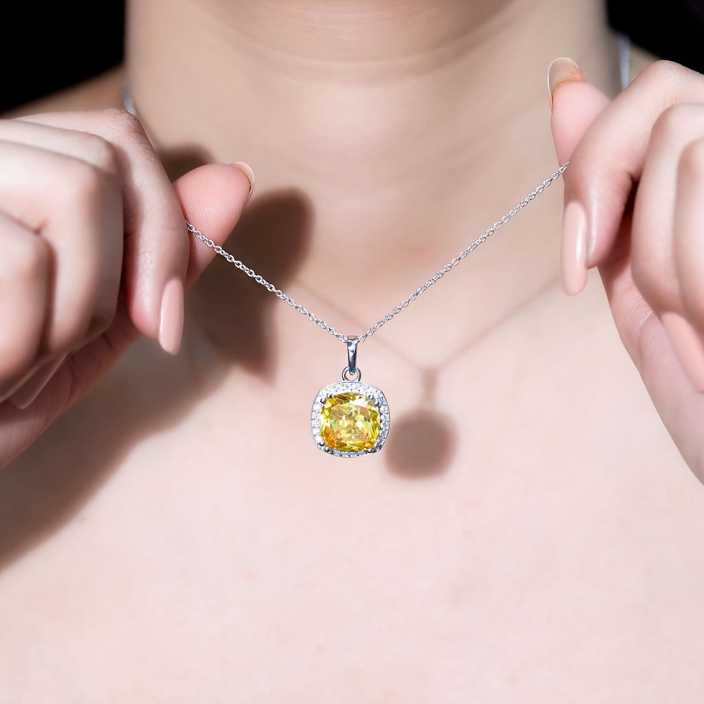 9 Carat Cushion Cut Lab Yellow Sapphire Statement Necklace with Silver Chain
