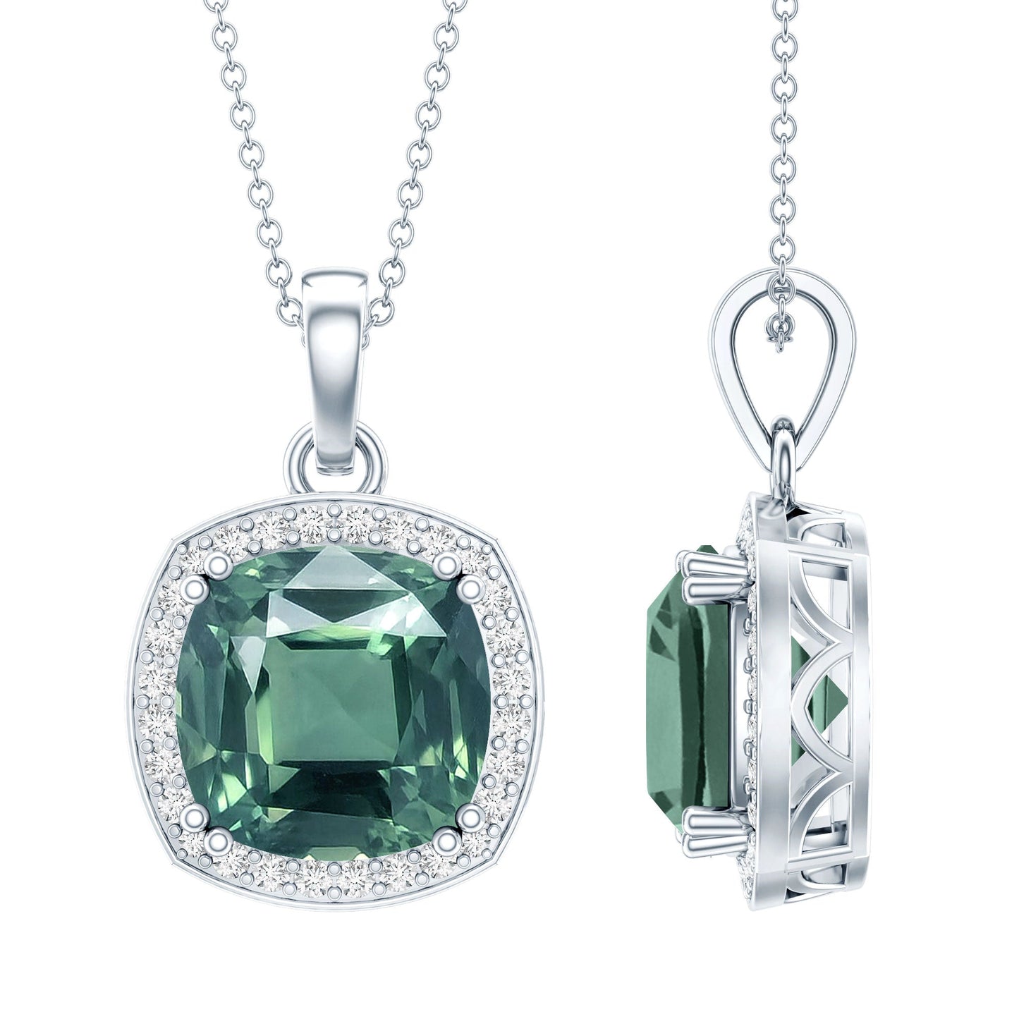 9 Carat Cushion Cut Lab Grown Green Sapphire Statement Necklace With Silver Chain