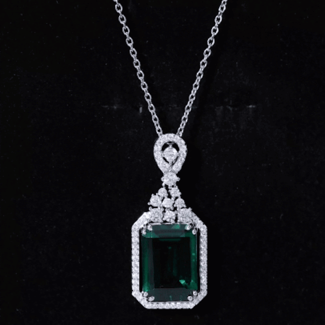 Certified 8.2 Carat Lab Grown Emerald Vintage Necklace with Silver Chain