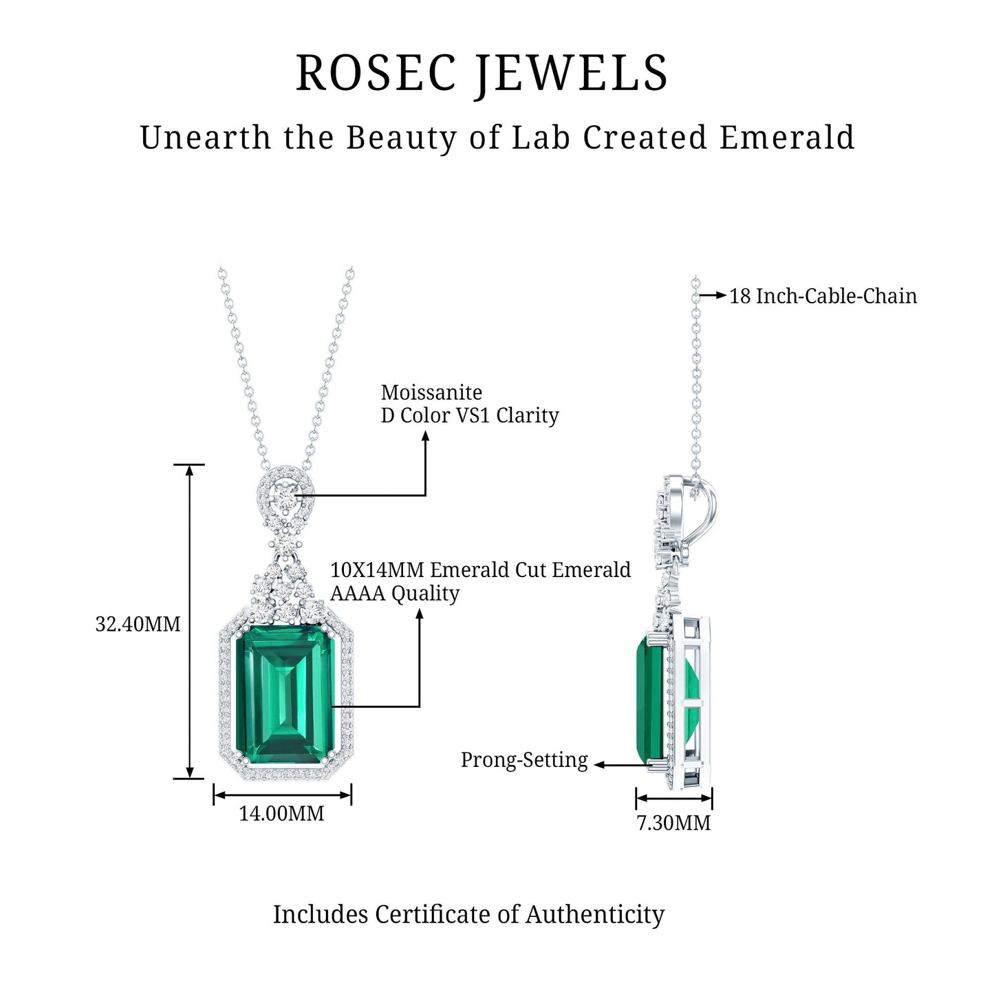 Certified 8.2 Carat Lab Grown Emerald Vintage Necklace with Silver Chain