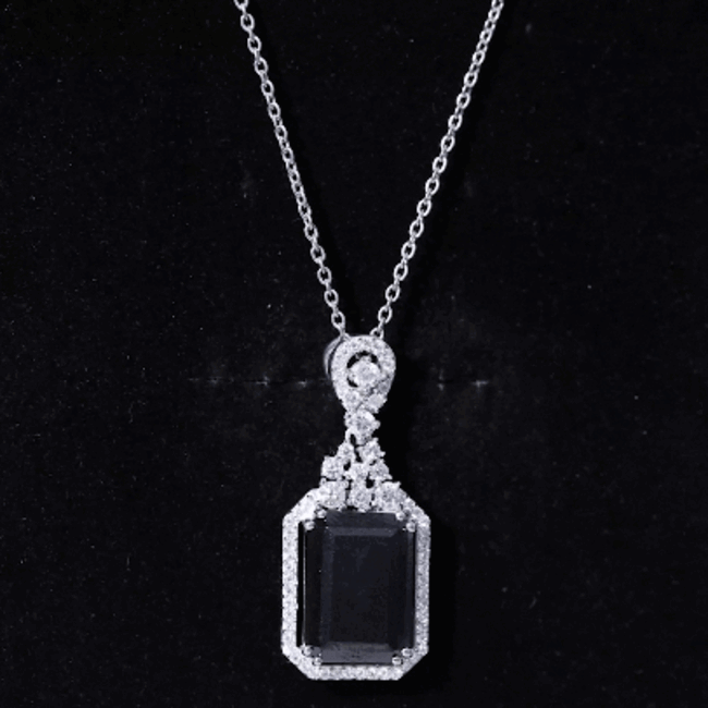 Vintage Style 9 Carat Lab Grown Black Diamond Emerald Cut Necklace With Moissanite Halo