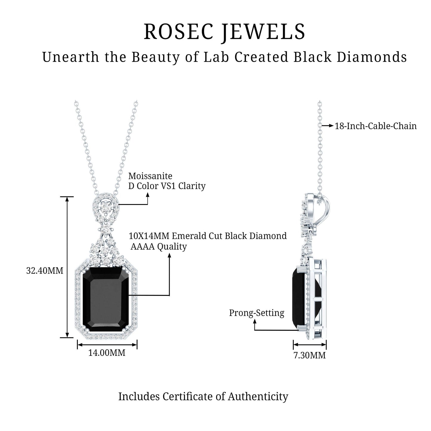 Vintage Style 9 Carat Lab Grown Black Diamond Emerald Cut Necklace With Moissanite Halo