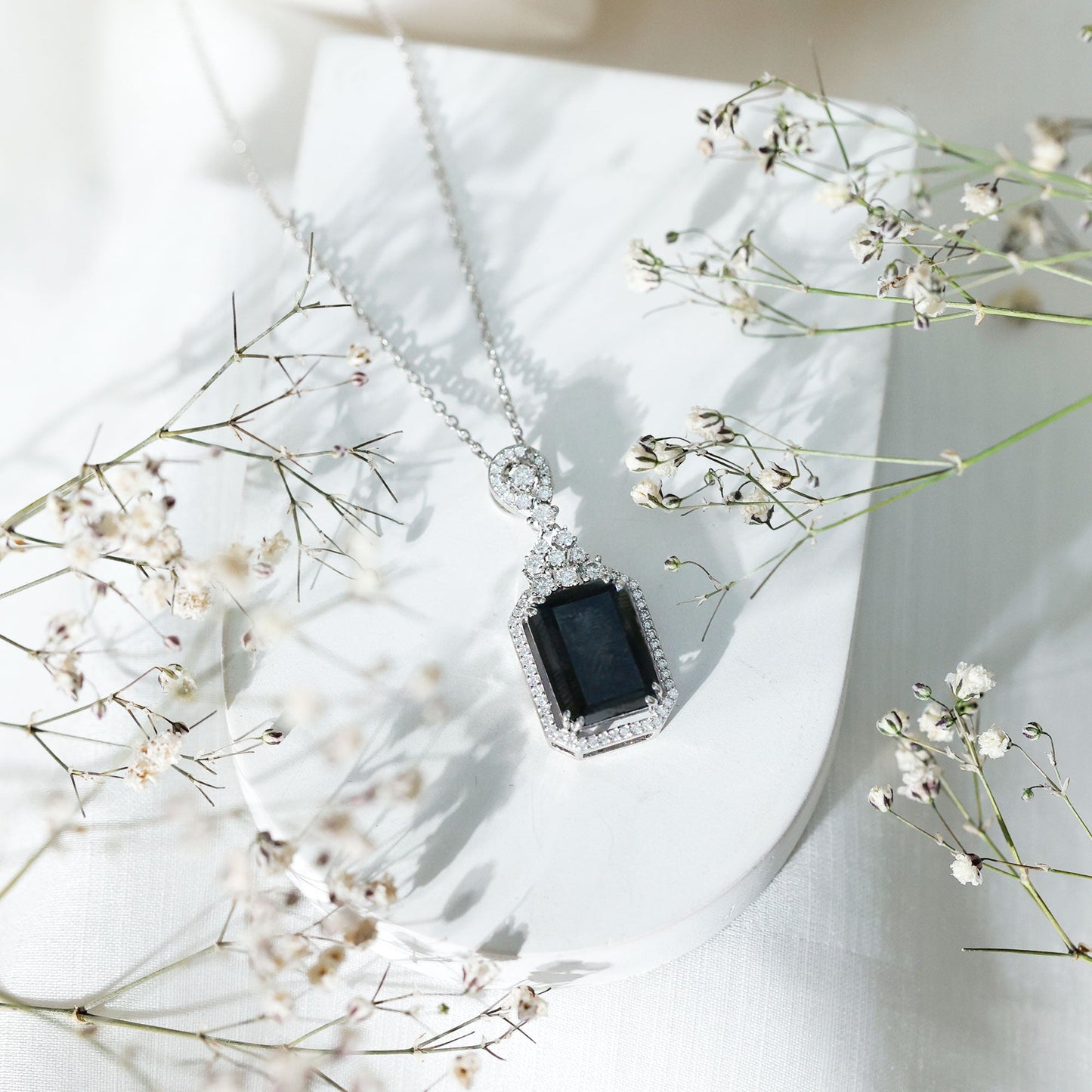 Vintage Style 9 Carat Lab Grown Black Diamond Emerald Cut Necklace With Moissanite Halo