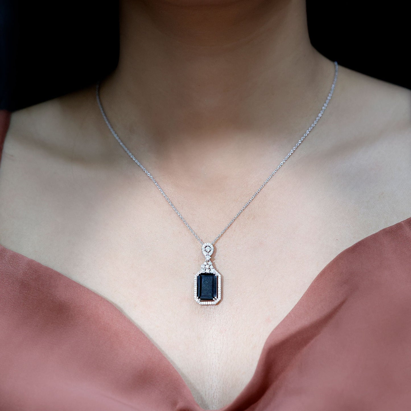 Vintage Style 9 Carat Lab Grown Black Diamond Emerald Cut Necklace With Moissanite Halo