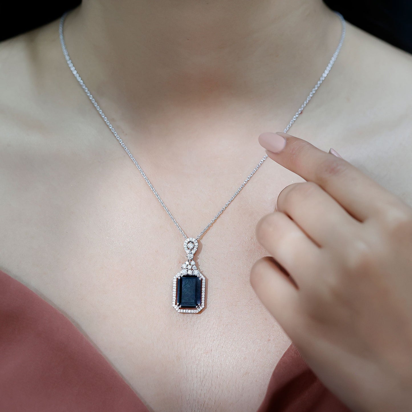 Vintage Style 9 Carat Lab Grown Black Diamond Emerald Cut Necklace With Moissanite Halo