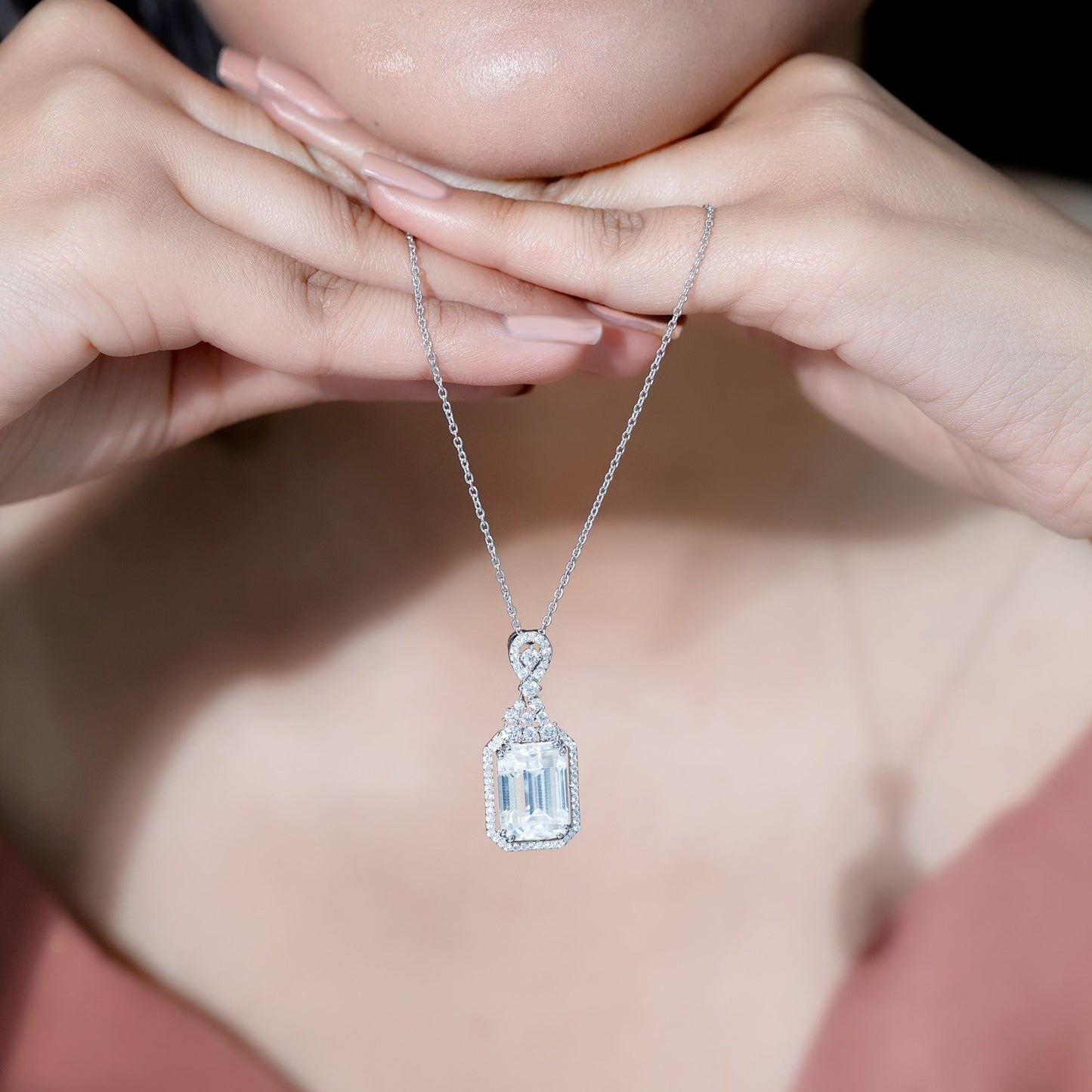 4.5 Carat Emerald Cut Moissanite Wedding Necklace with Silver Chain