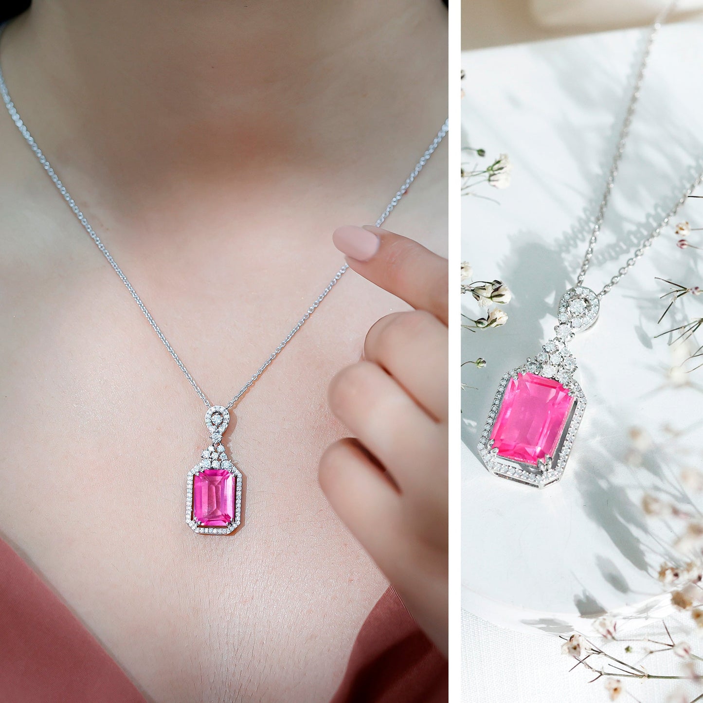 9 Carat Lab Grown Pink Sapphire Art Deco Necklace With Silver Chain
