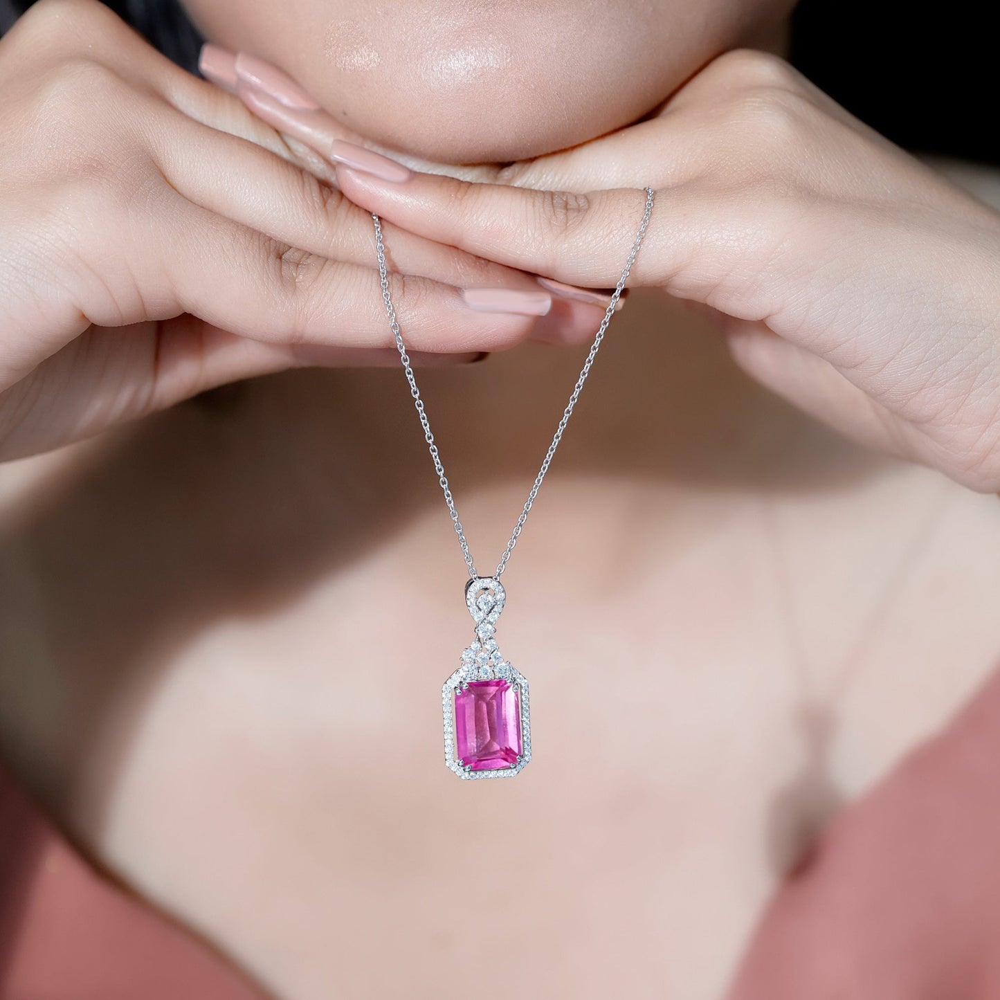 9 Carat Lab Grown Pink Sapphire Art Deco Necklace With Silver Chain