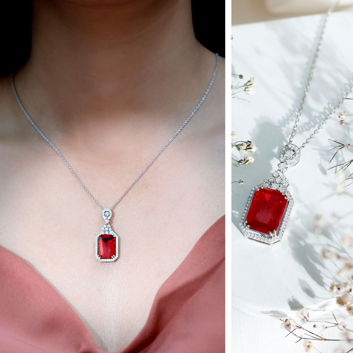 Certified 5 Carat Lab Grown Ruby Vintage Necklace With Silver Chain
