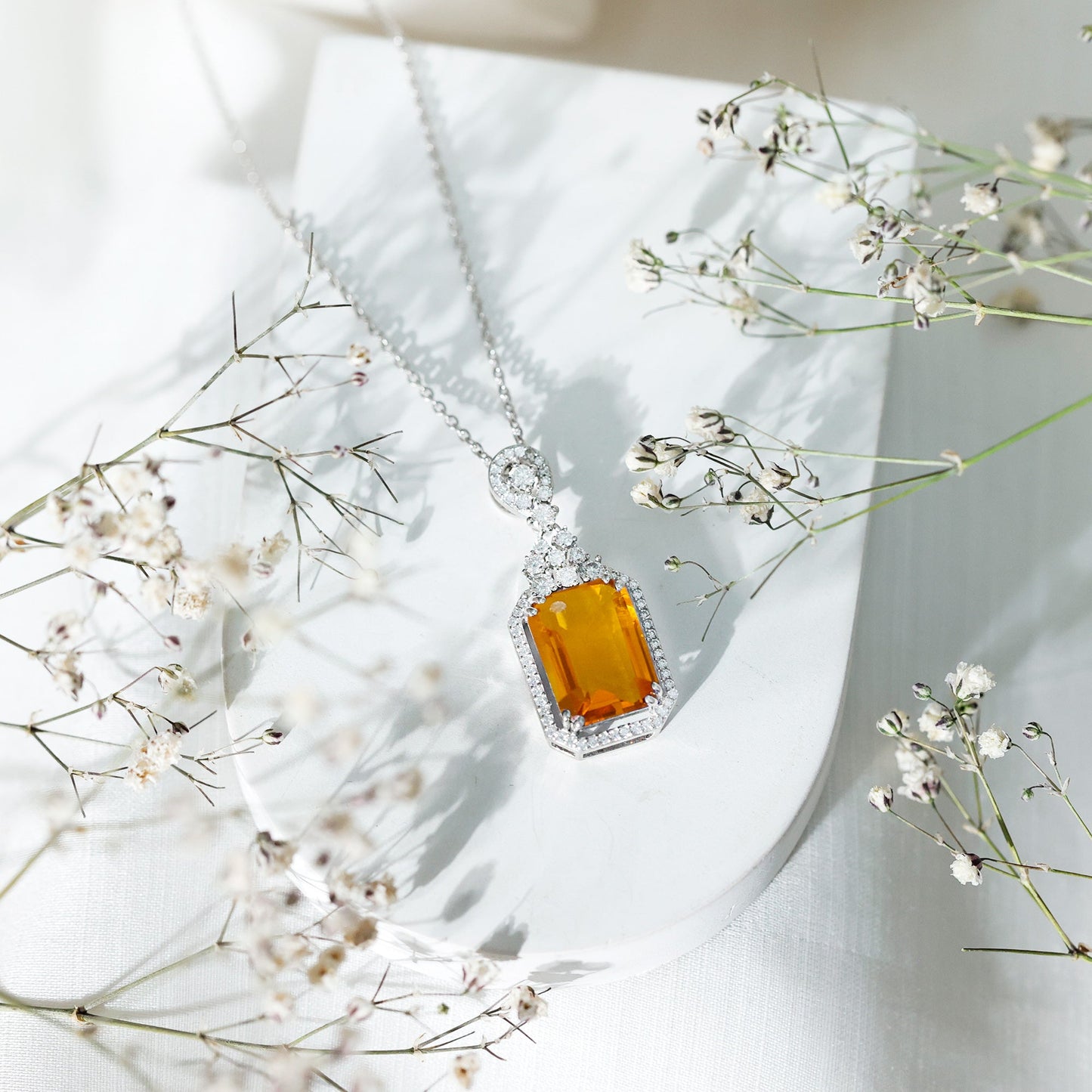 Certified 9 Carat Lab Grown Yellow Sapphire Art Deco Necklace with Moissanite