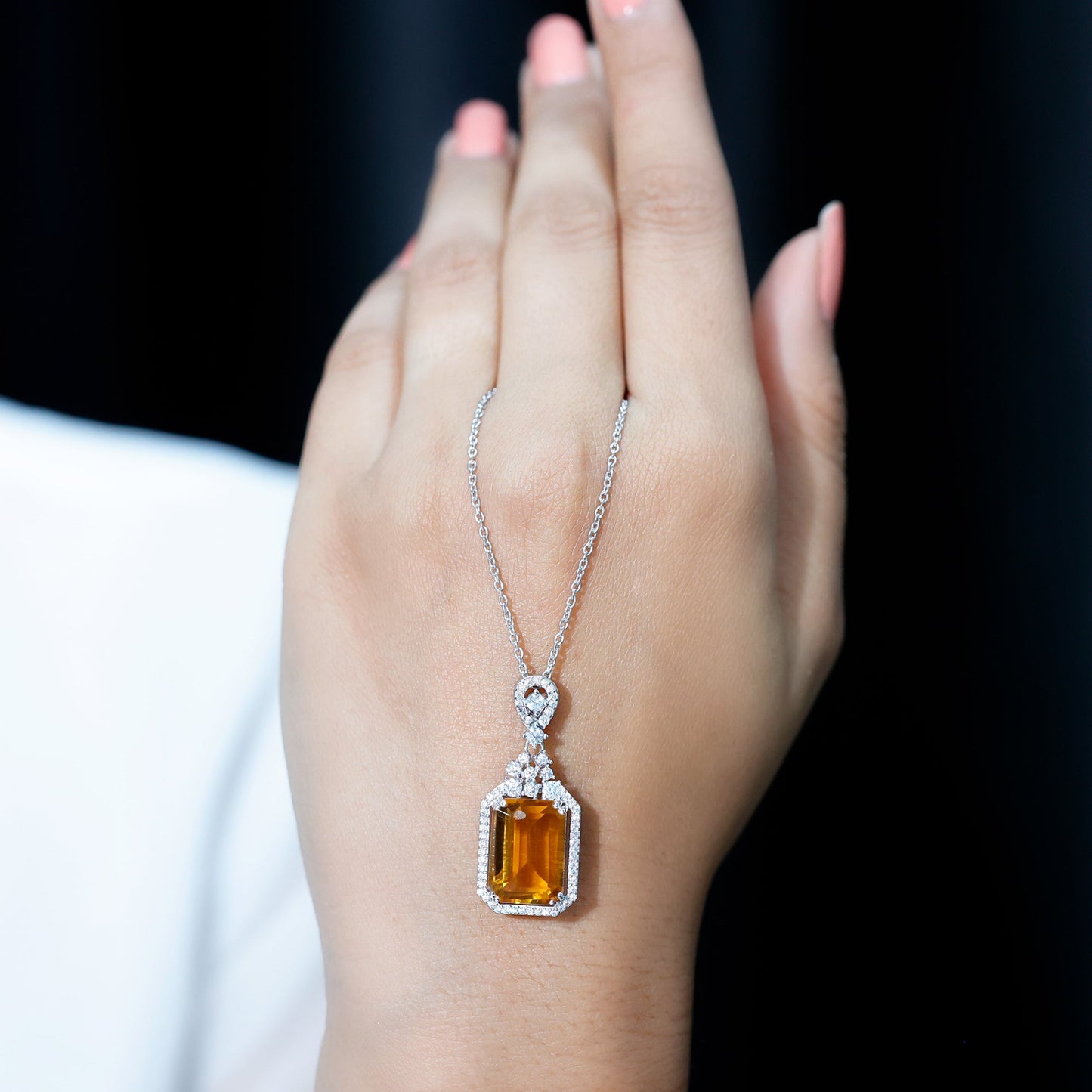 Certified 9 Carat Lab Grown Yellow Sapphire Art Deco Necklace with Moissanite