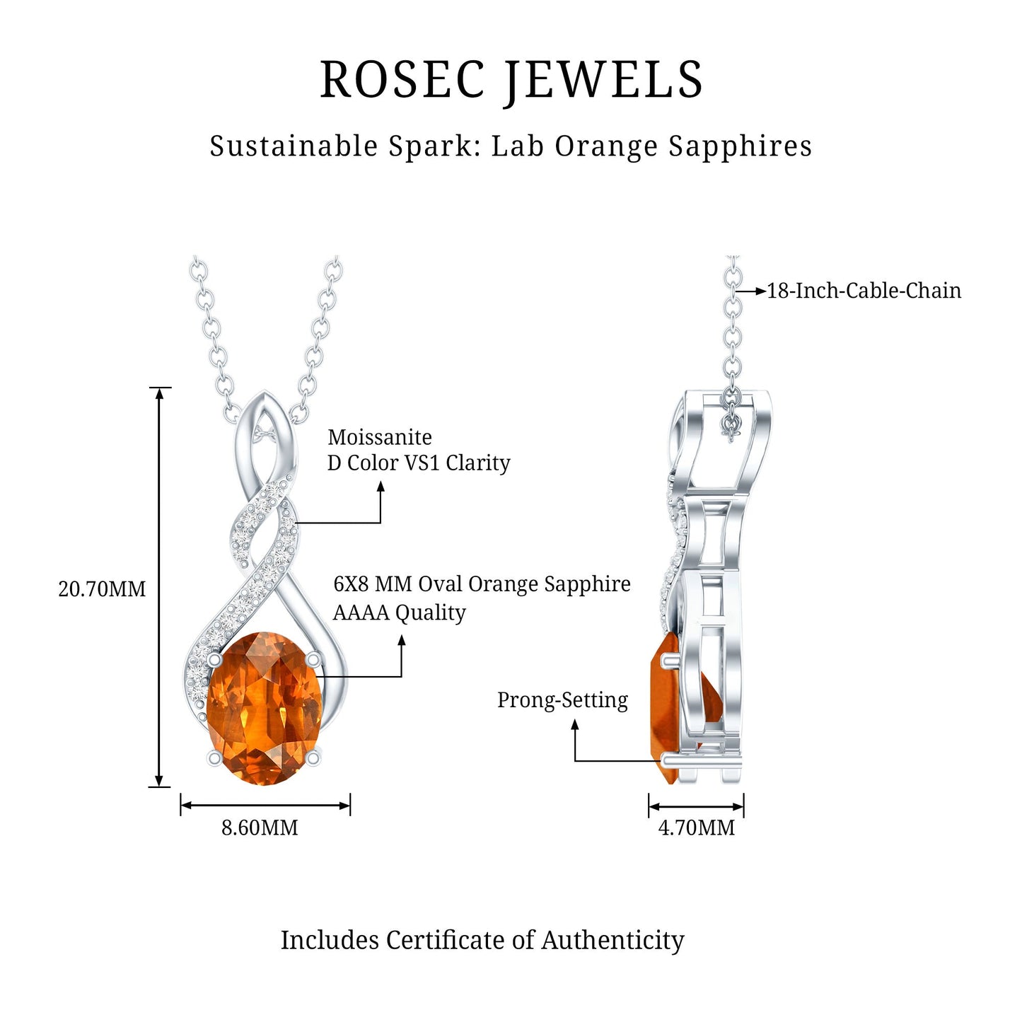 1.5 Carat Lab Grown Orange Sapphire Infinity Pendant Necklace with Moissanite