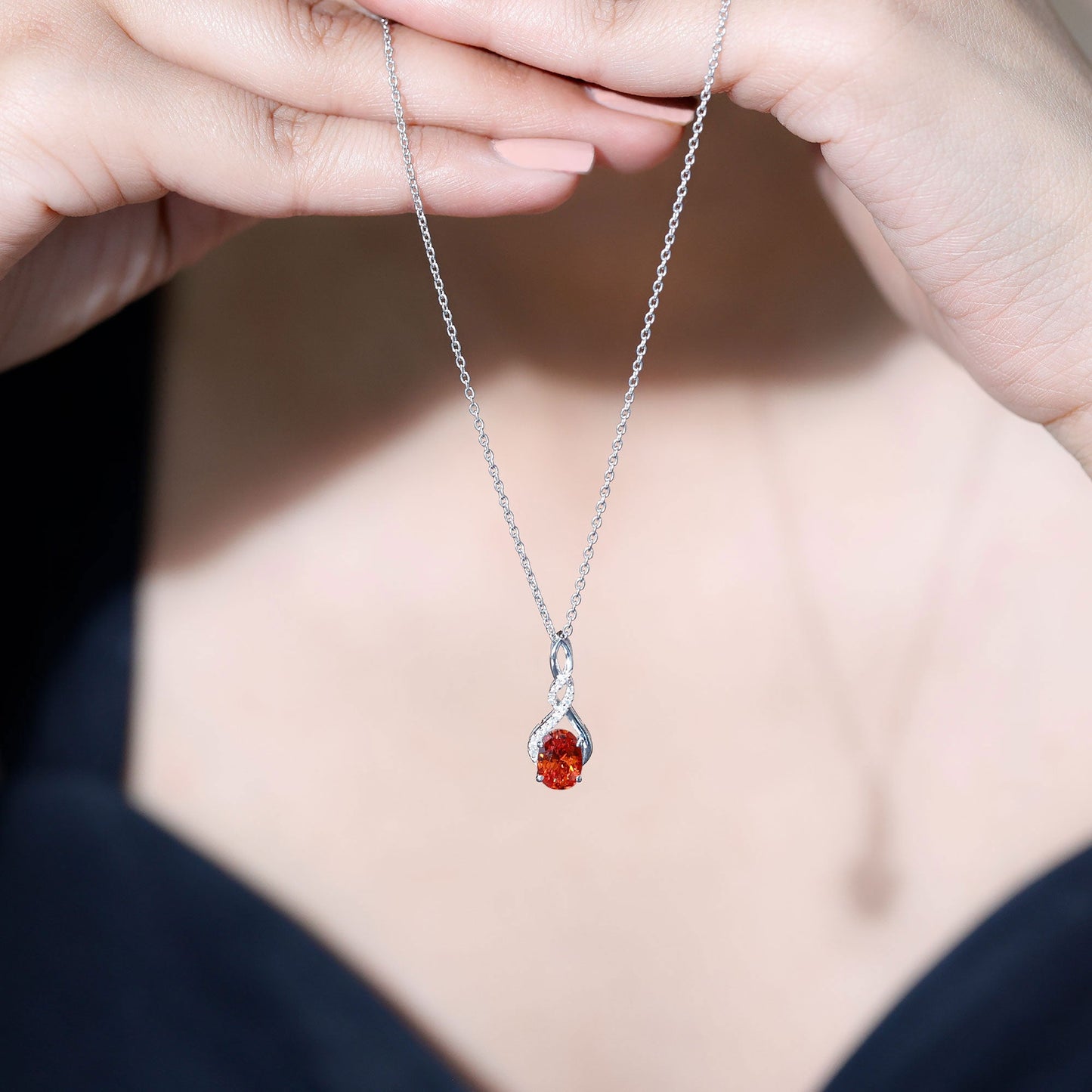 1.5 Carat Lab Grown Orange Sapphire Infinity Pendant Necklace with Moissanite