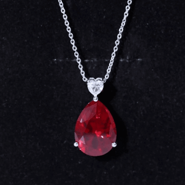 Certified 9 Carat Lab Grown Ruby Teardrop Necklace with Heart Moissanite
