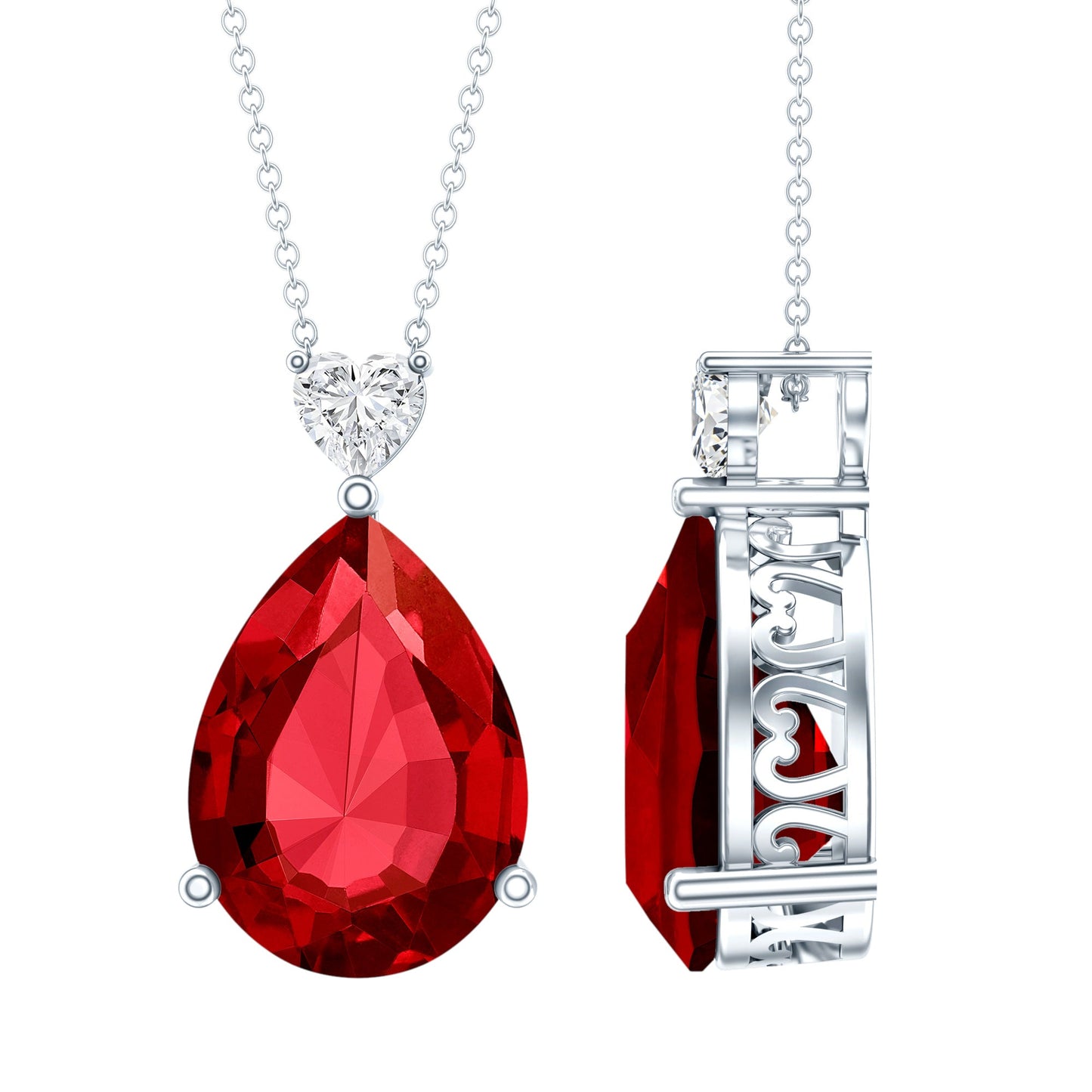 Certified 9 Carat Lab Grown Ruby Teardrop Necklace with Heart Moissanite
