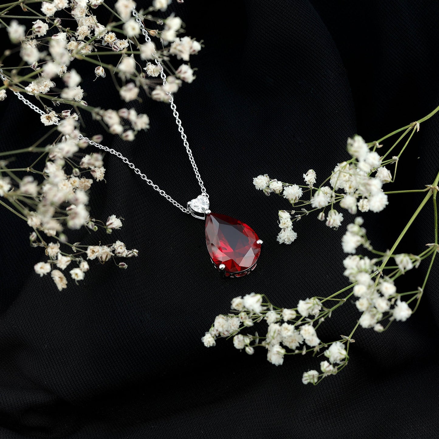 Certified 9 Carat Lab Grown Ruby Teardrop Necklace with Heart Moissanite