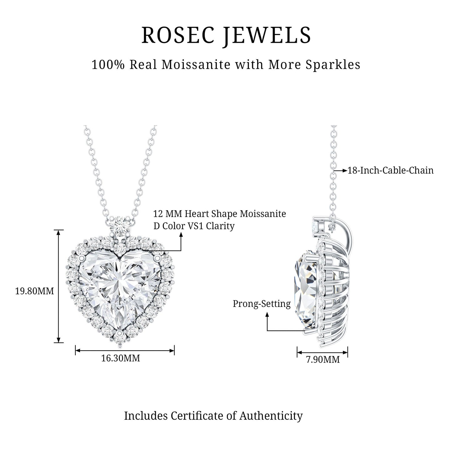 Certified 5.5 Carat Moissanite Heart Necklace with Silver Chain