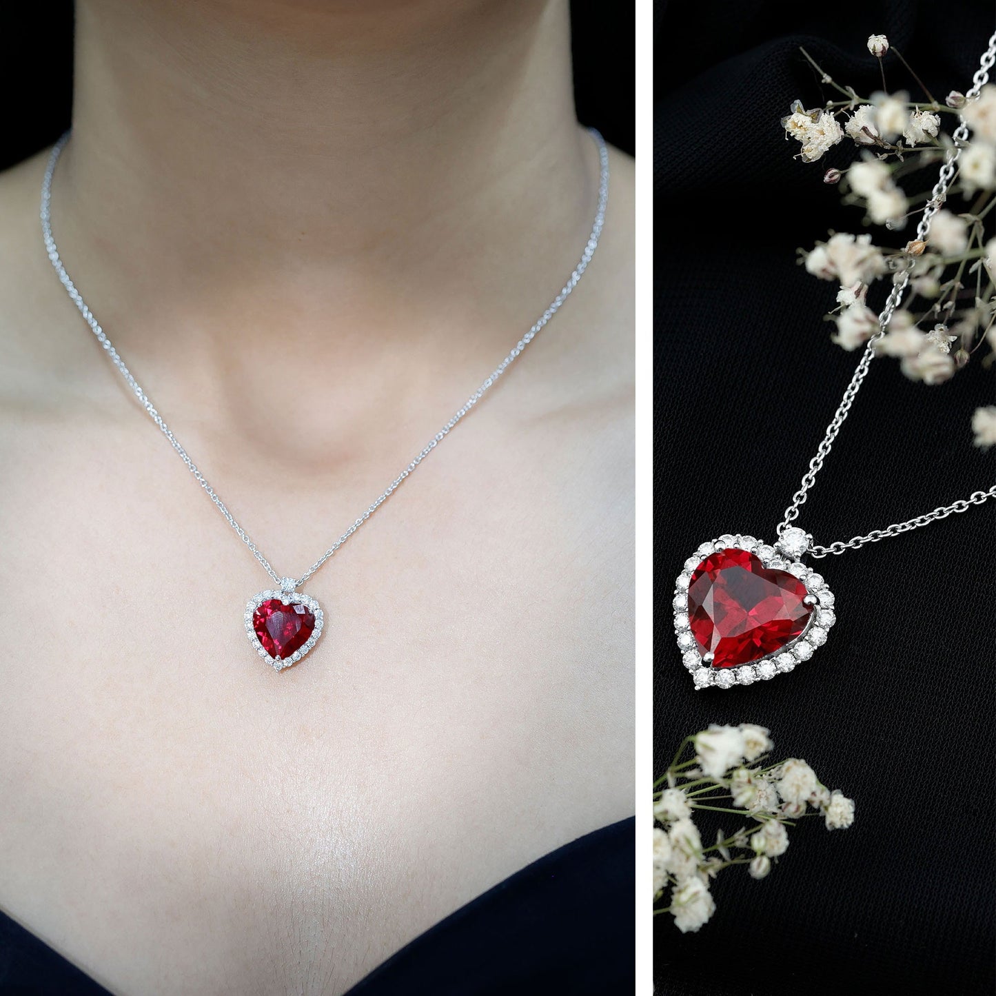 Certified Lab Grown Ruby Heart Necklace with Moissanite Halo