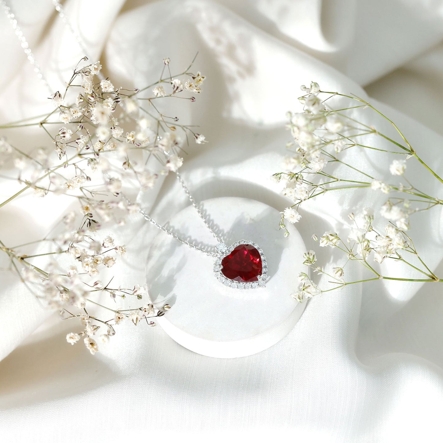 Certified Lab Grown Ruby Heart Necklace with Moissanite Halo