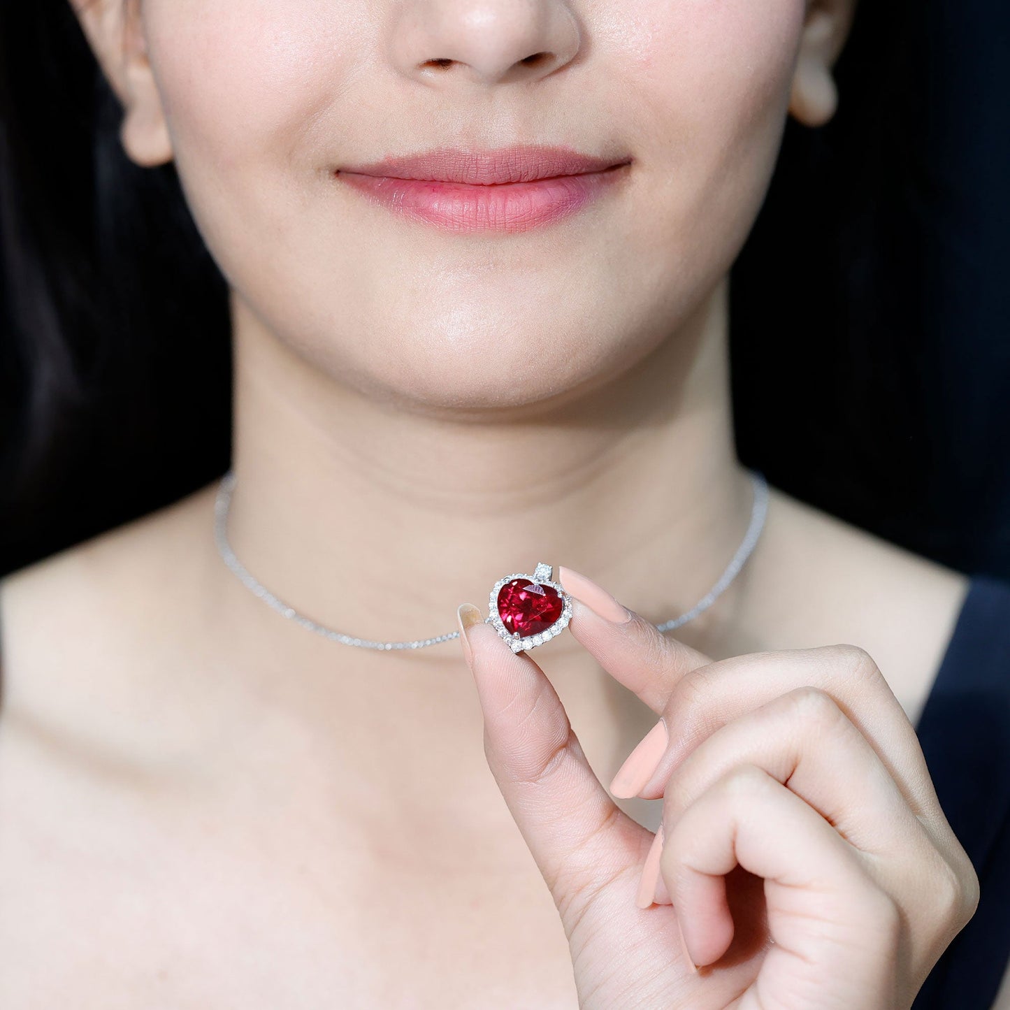 Certified Lab Grown Ruby Heart Necklace with Moissanite Halo