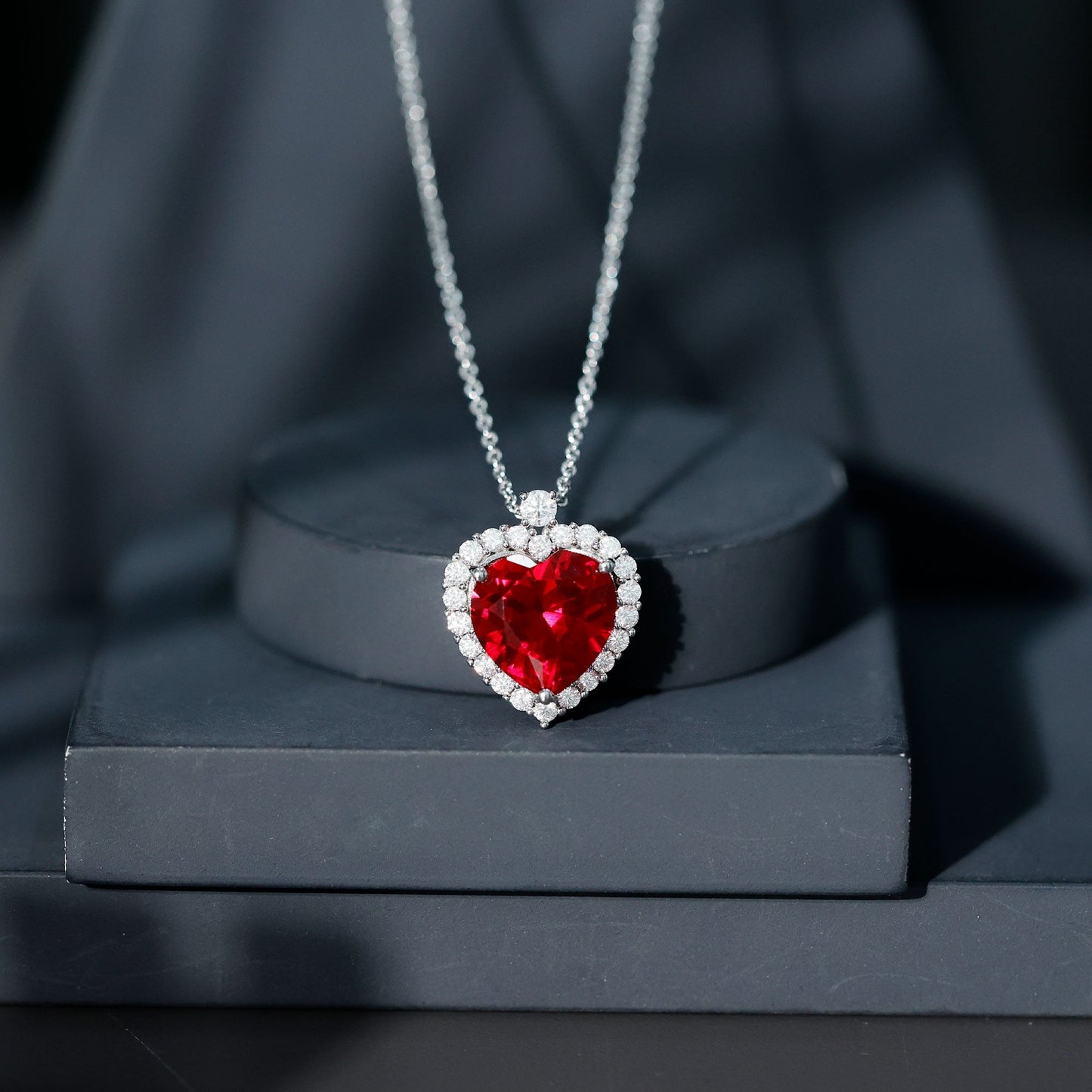 Certified Lab Grown Ruby Heart Necklace with Moissanite Halo