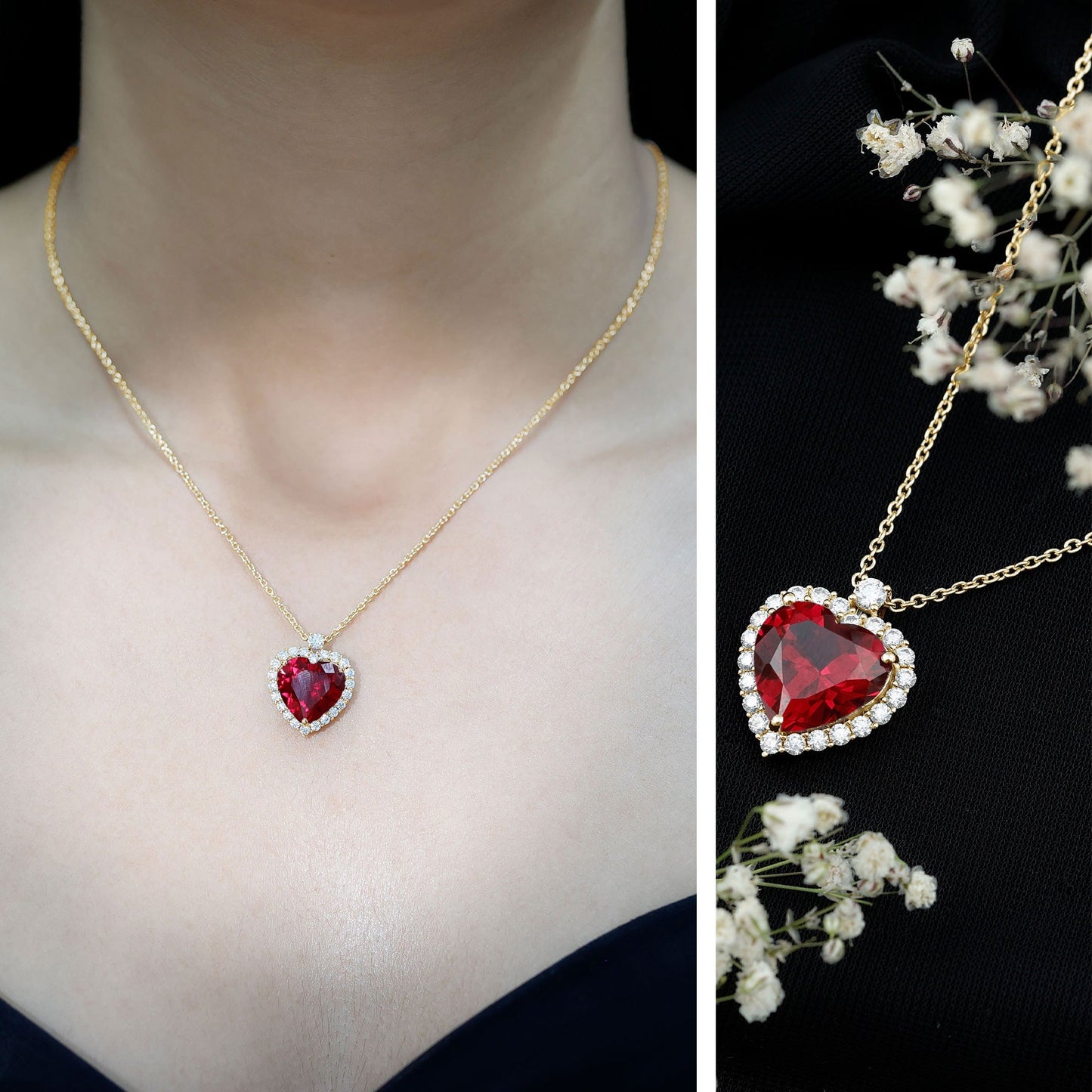 Certified Lab Grown Ruby Heart Necklace with Moissanite Halo