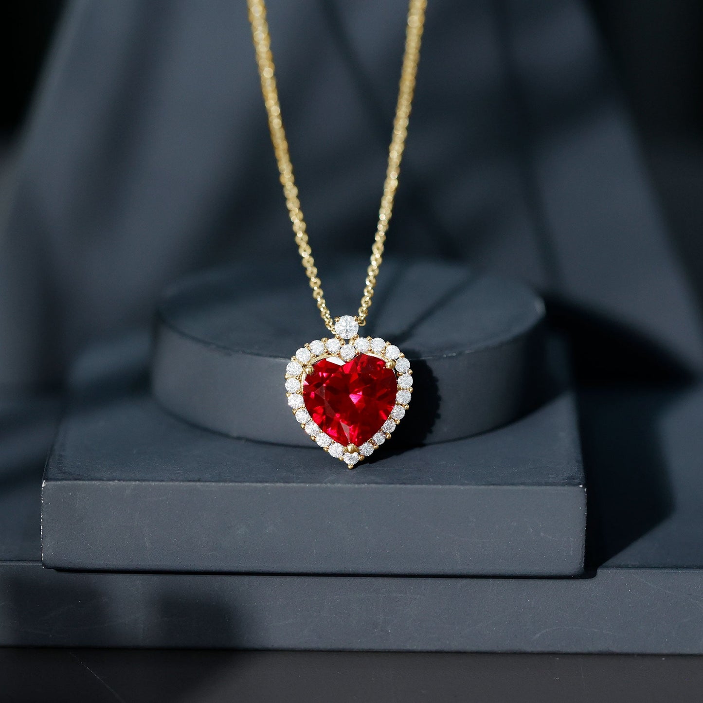 Certified Lab Grown Ruby Heart Necklace with Moissanite Halo