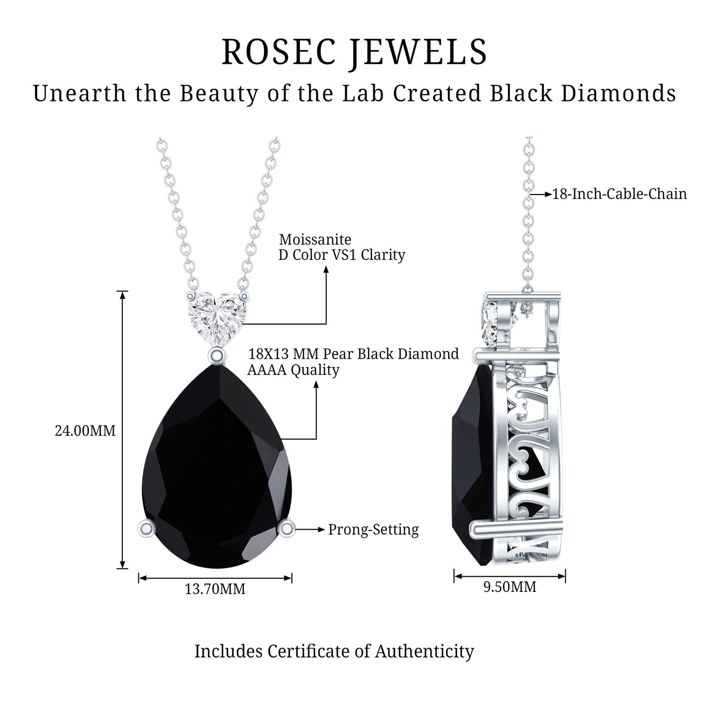 Certified 9 Carat Lab Grown Black Diamond Teardrop Necklace With Silver Chain