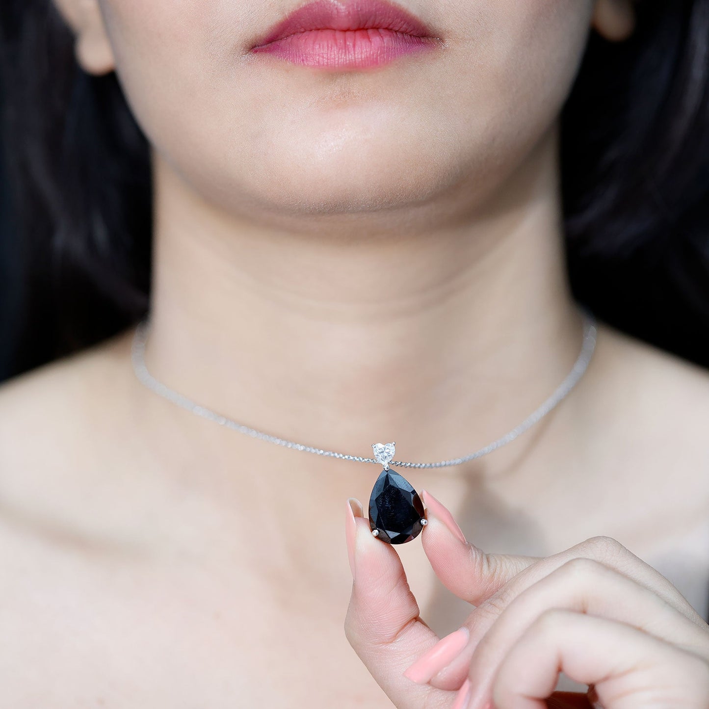 Certified 9 Carat Lab Grown Black Diamond Teardrop Necklace With Silver Chain