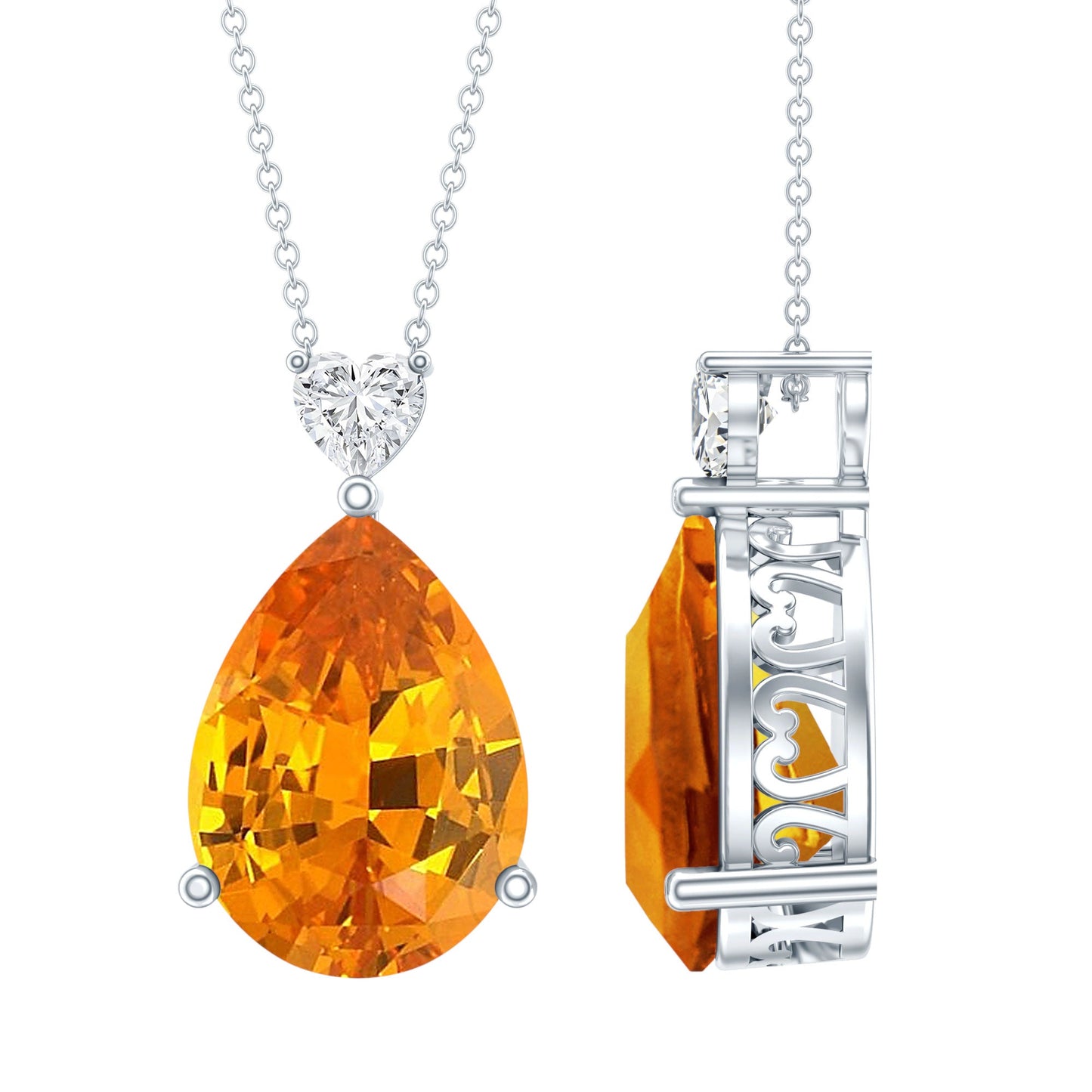 9 Carat Pear Shape Lab Grown Orange Sapphire Teardrop Necklace with Silver Chain