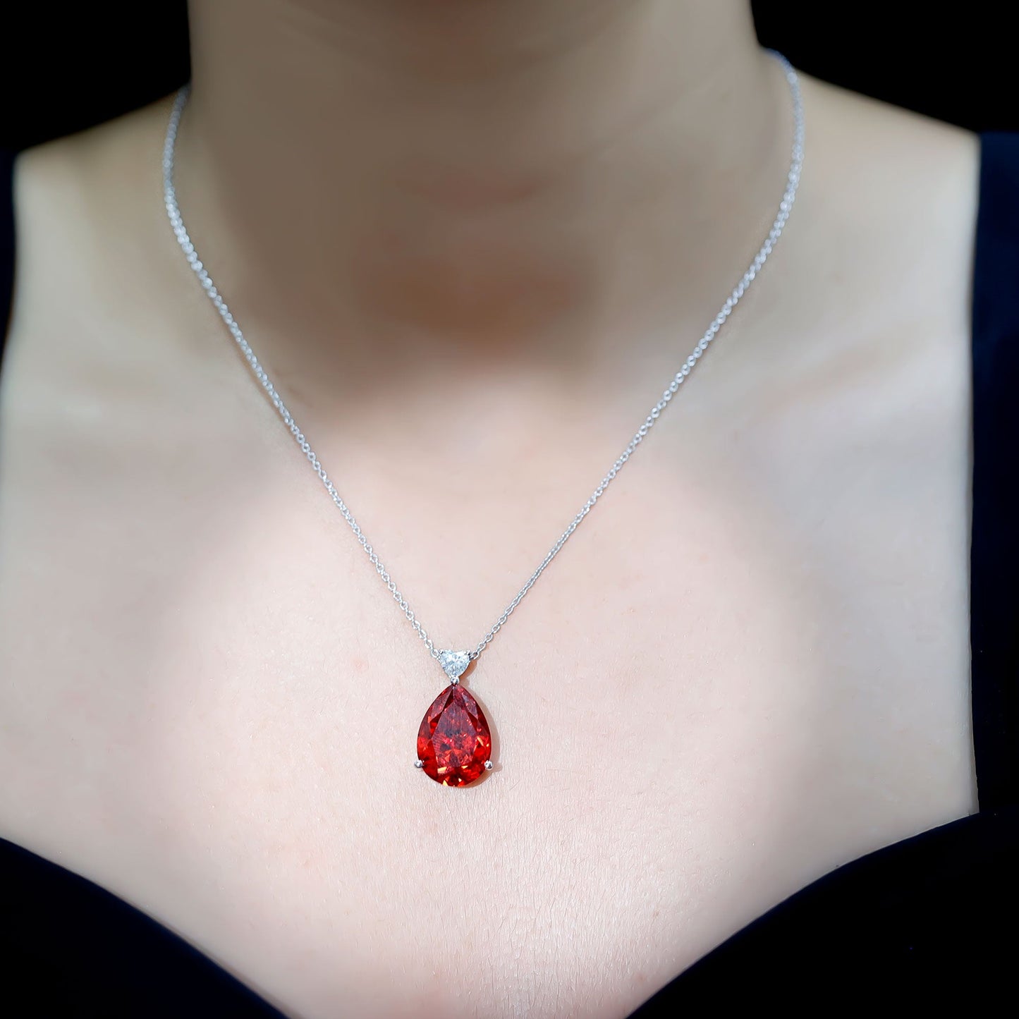 9 Carat Pear Shape Lab Grown Orange Sapphire Teardrop Necklace with Silver Chain