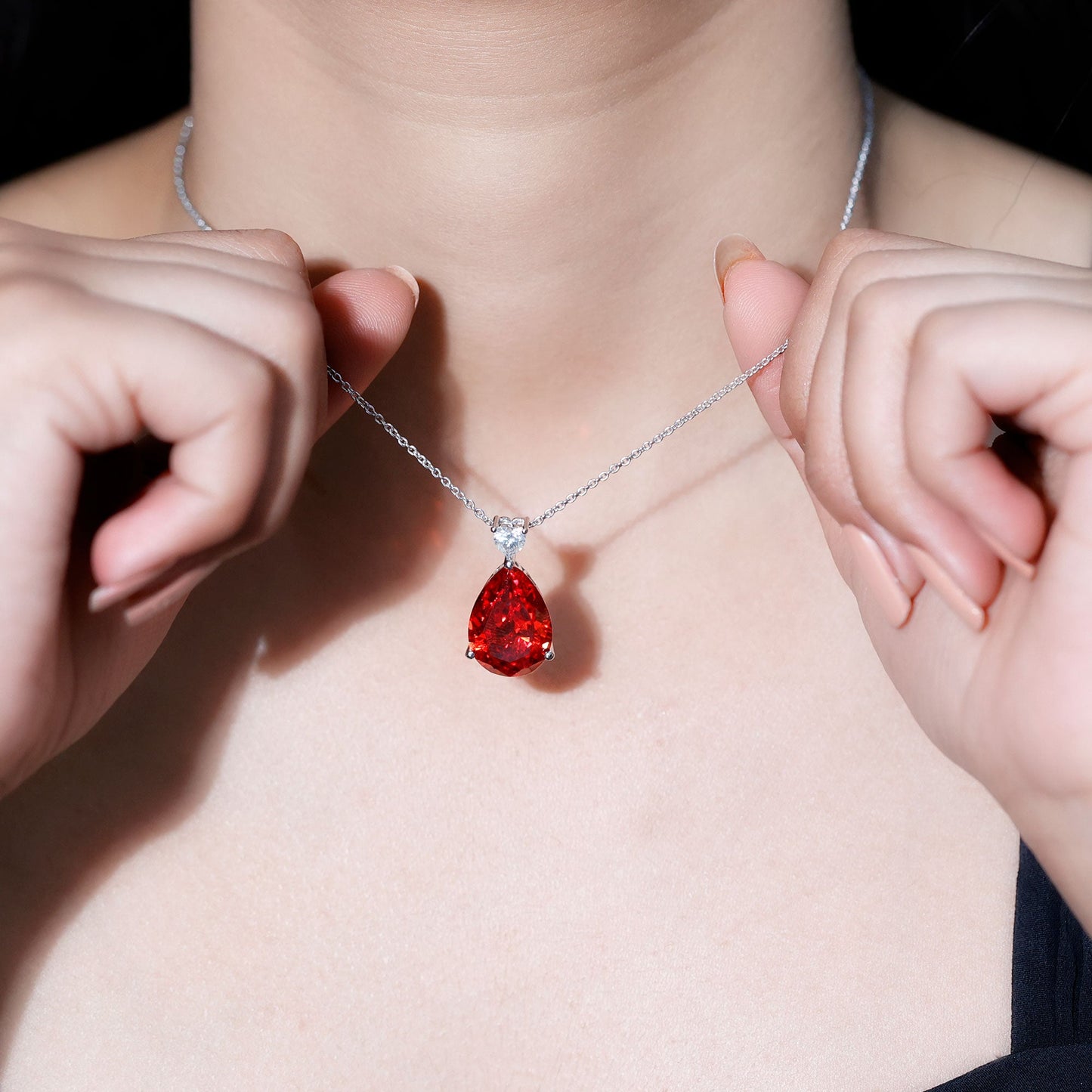 9 Carat Pear Shape Lab Grown Orange Sapphire Teardrop Necklace with Silver Chain