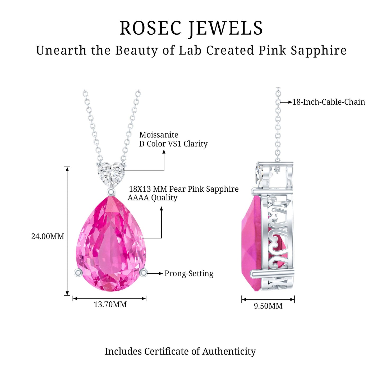 9 Carat Lab Grown Pink Sapphire Teardrop Necklace with Silver Chain