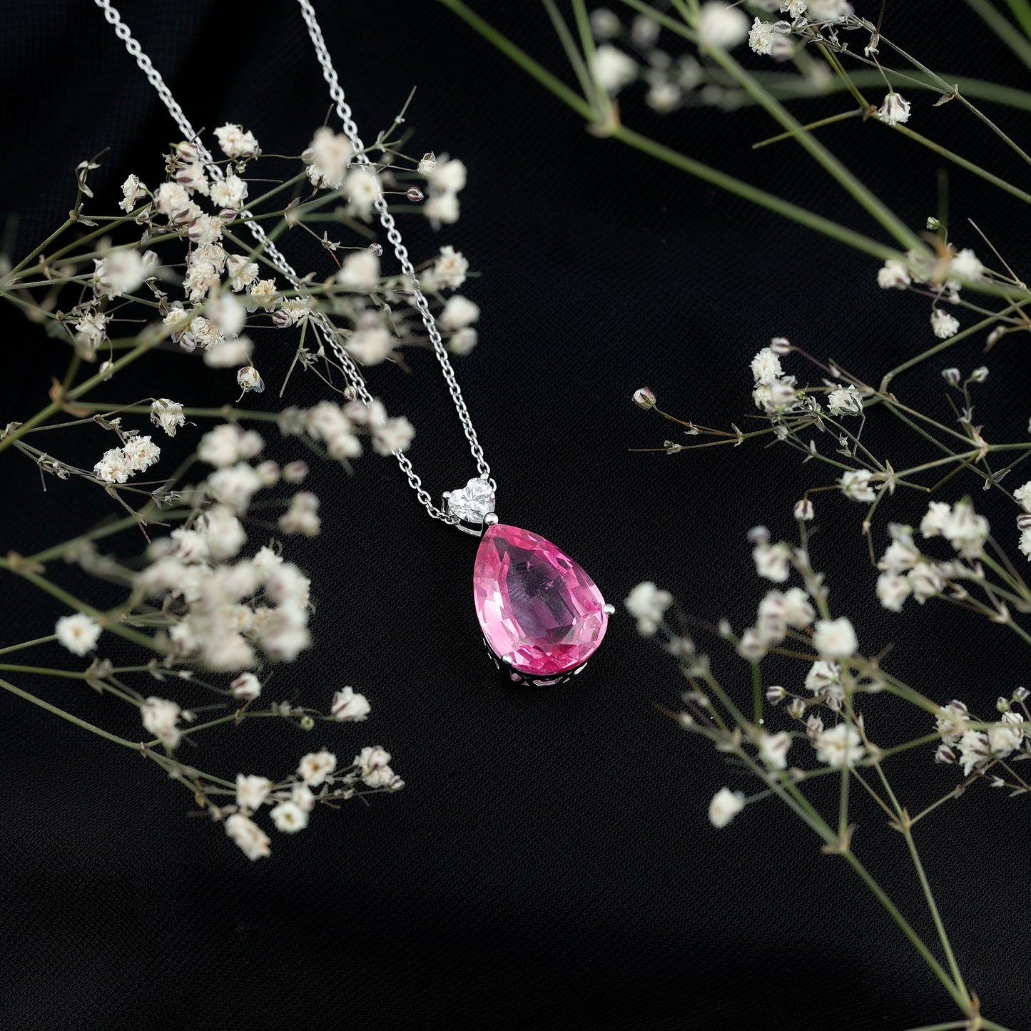 9 Carat Lab Grown Pink Sapphire Teardrop Necklace with Silver Chain