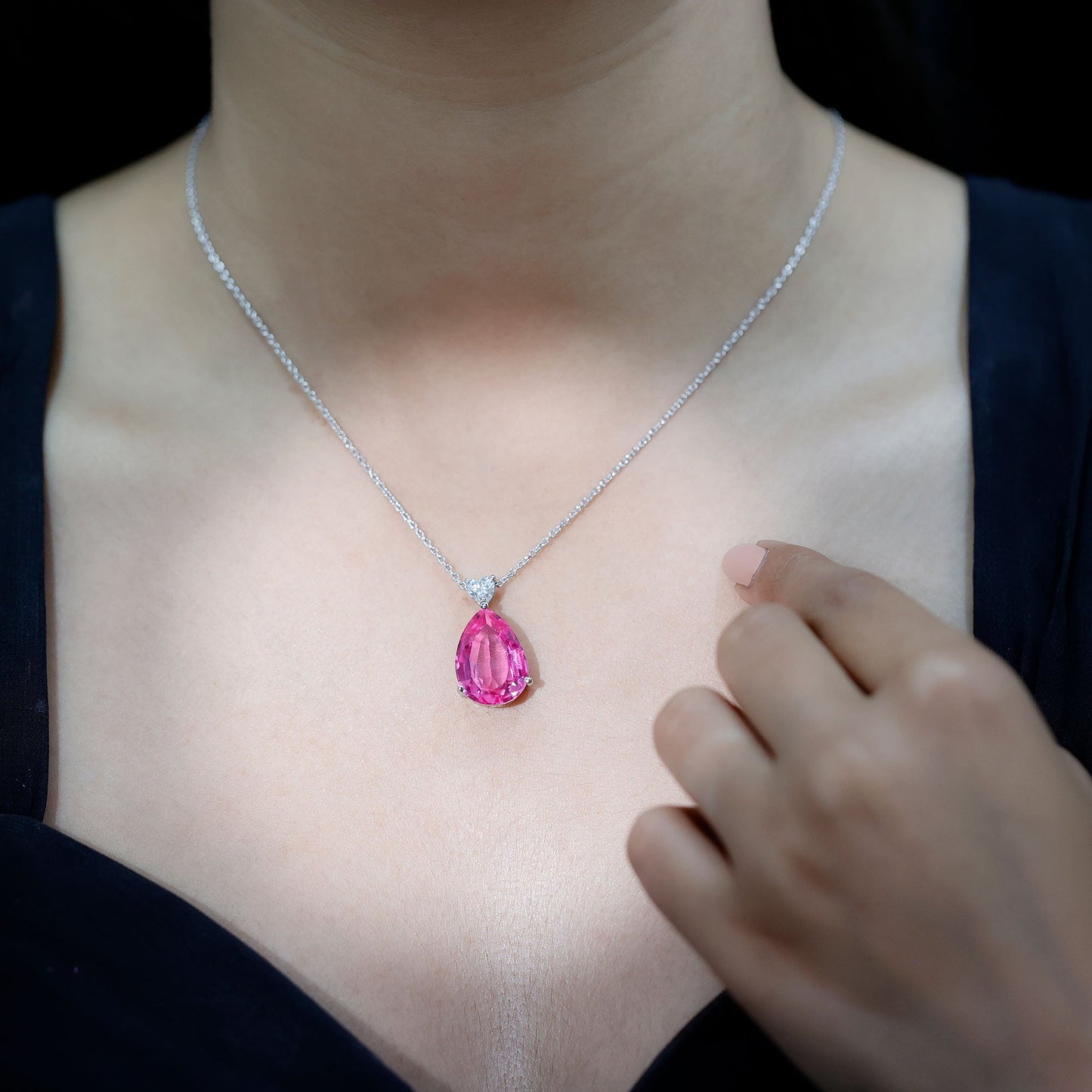 9 Carat Lab Grown Pink Sapphire Teardrop Necklace with Silver Chain