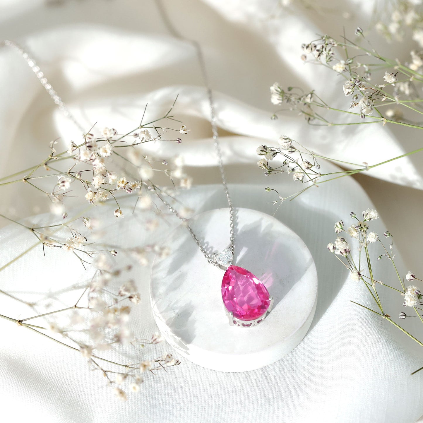9 Carat Lab Grown Pink Sapphire Teardrop Necklace with Silver Chain