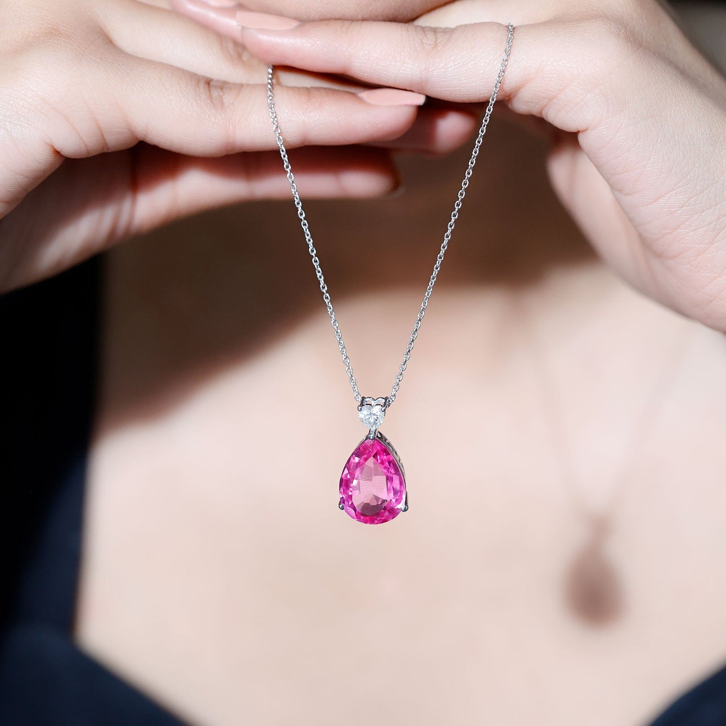 9 Carat Lab Grown Pink Sapphire Teardrop Necklace with Silver Chain