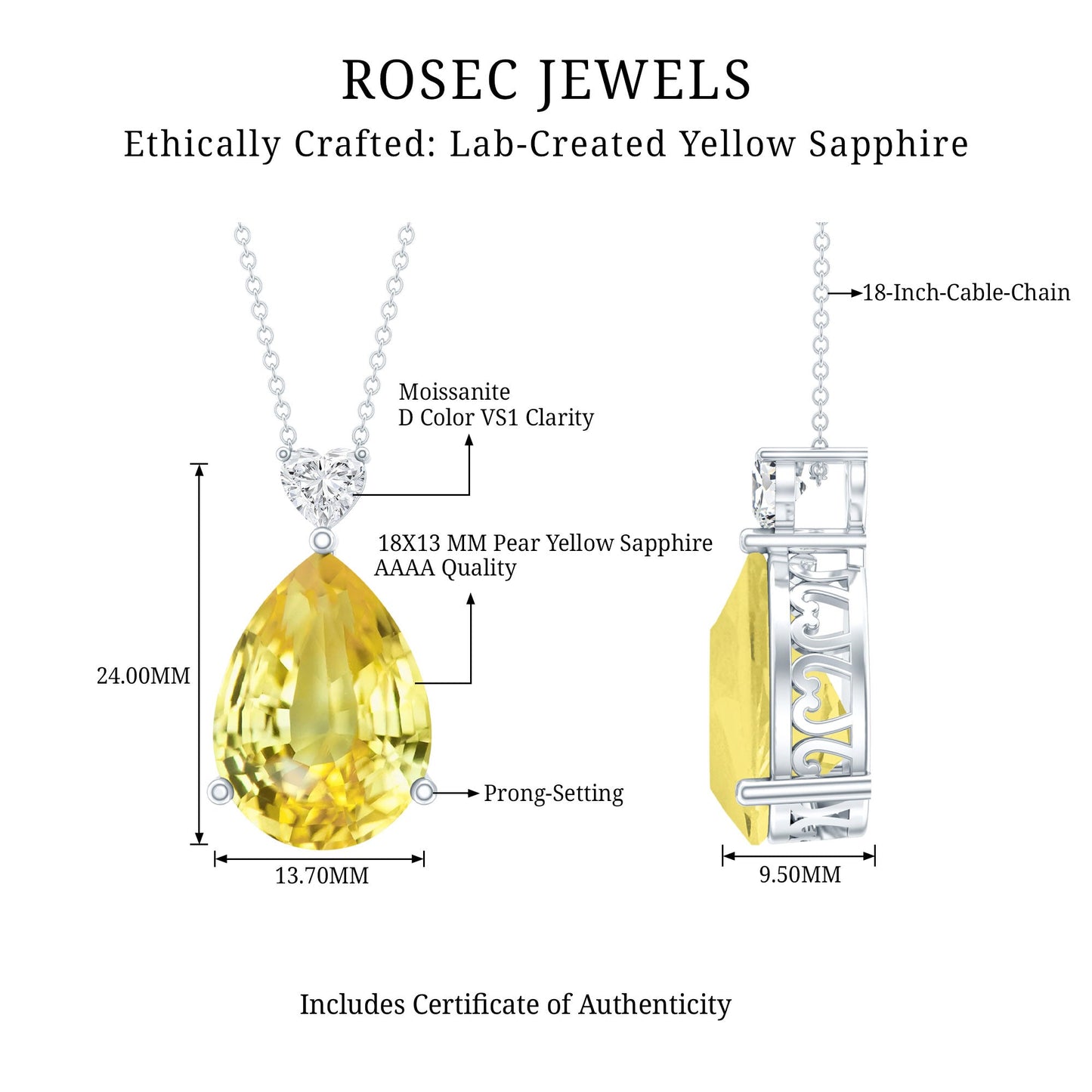9 Carat Lab Grown Yellow Sapphire Teardrop Pendant Necklace with Silver Chain