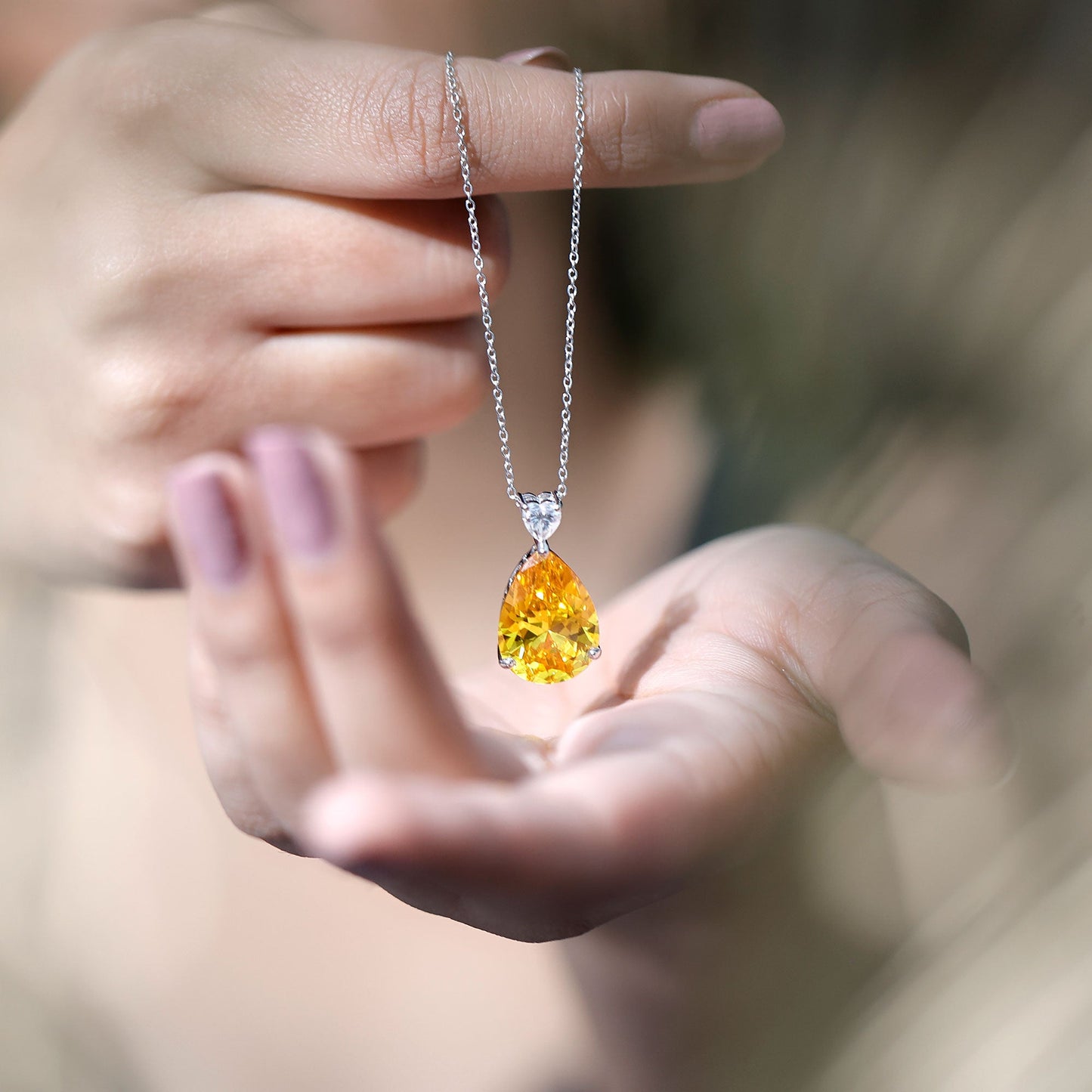 9 Carat Lab Grown Yellow Sapphire Teardrop Pendant Necklace with Silver Chain