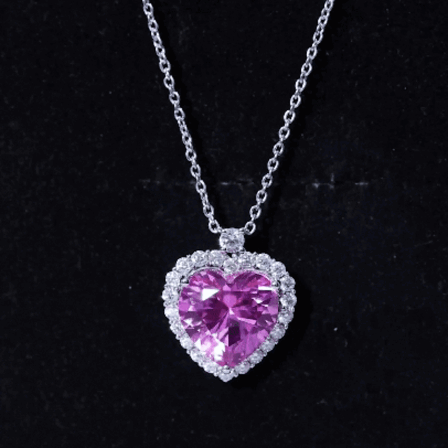 5.5 Carat Lab Grown Pink Sapphire Heart Necklace with Halo