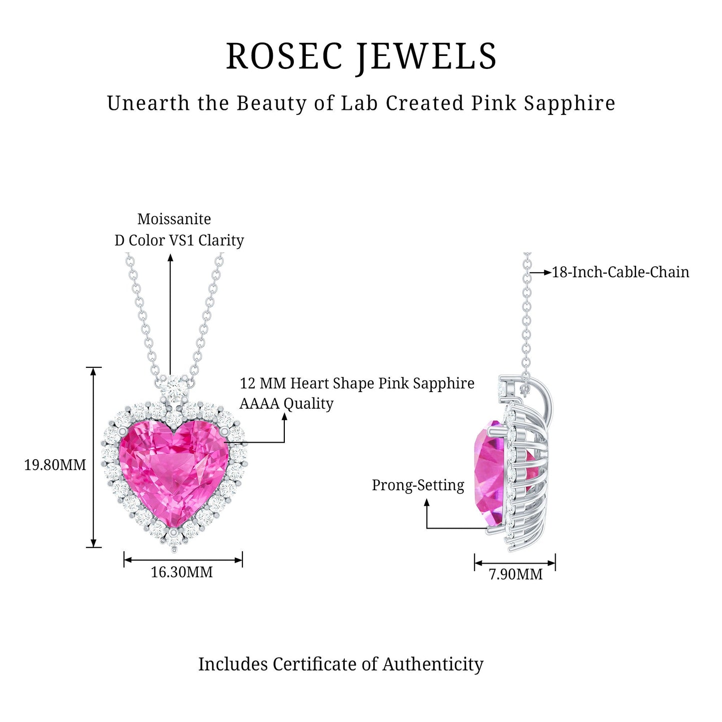 5.5 Carat Lab Grown Pink Sapphire Heart Necklace with Halo