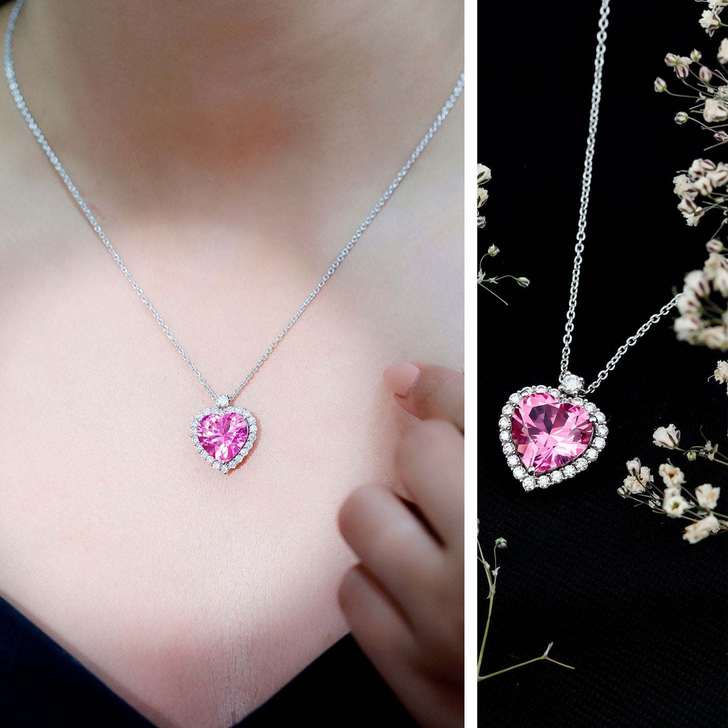 5.5 Carat Lab Grown Pink Sapphire Heart Necklace with Halo