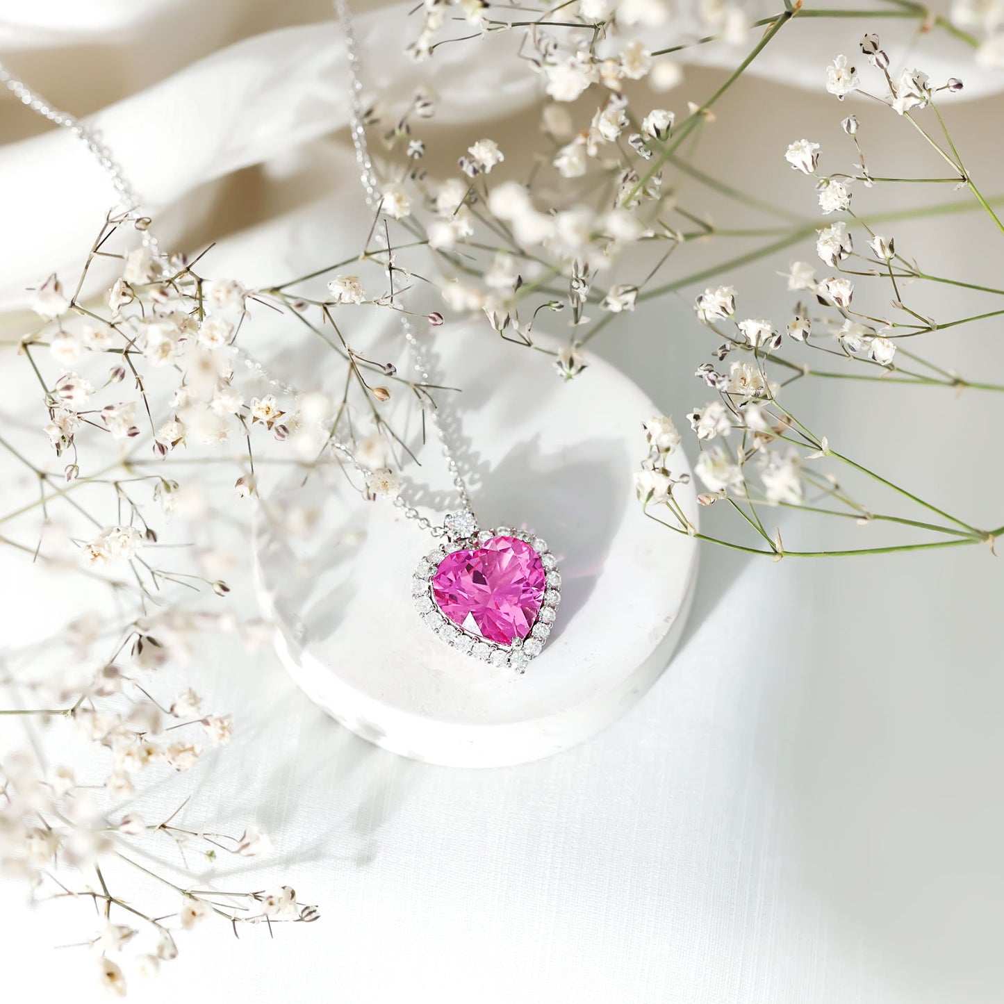 5.5 Carat Lab Grown Pink Sapphire Heart Necklace with Halo